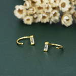 Horizontal Baguette Cut CZ Huggie Hoop Earrings in Sterling Silver, Silver or Gold, Open Hoops, Pull-Through Threader Earrings