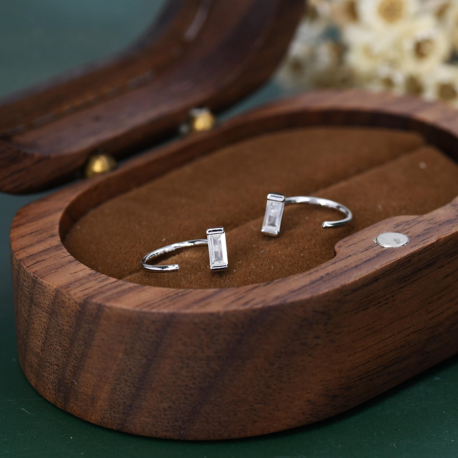 Horizontal Baguette Cut CZ Huggie Hoop Earrings in Sterling Silver, Silver or Gold, Open Hoops, Pull-Through Threader Earrings