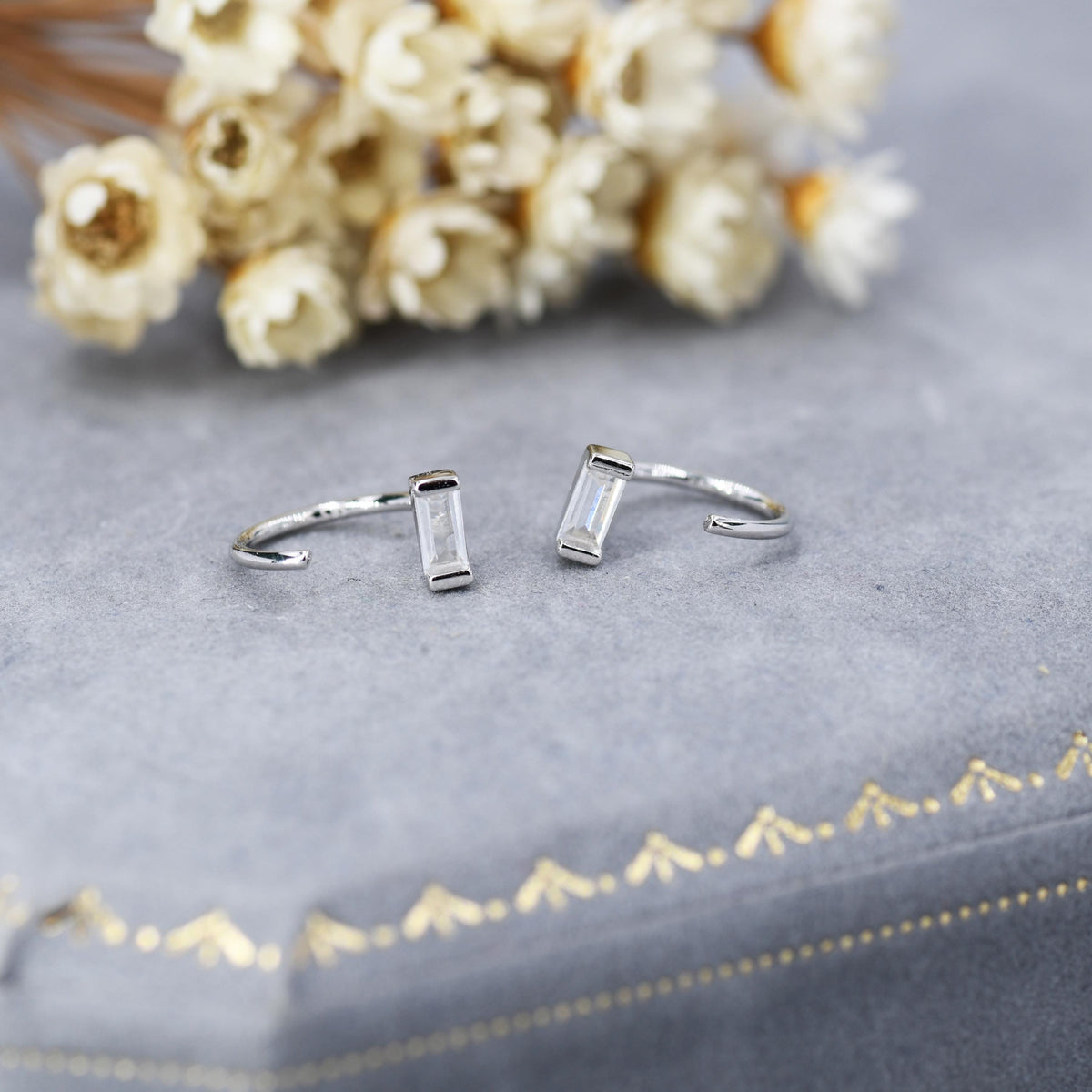 Horizontal Baguette Cut CZ Huggie Hoop Earrings in Sterling Silver, Silver or Gold, Open Hoops, Pull-Through Threader Earrings