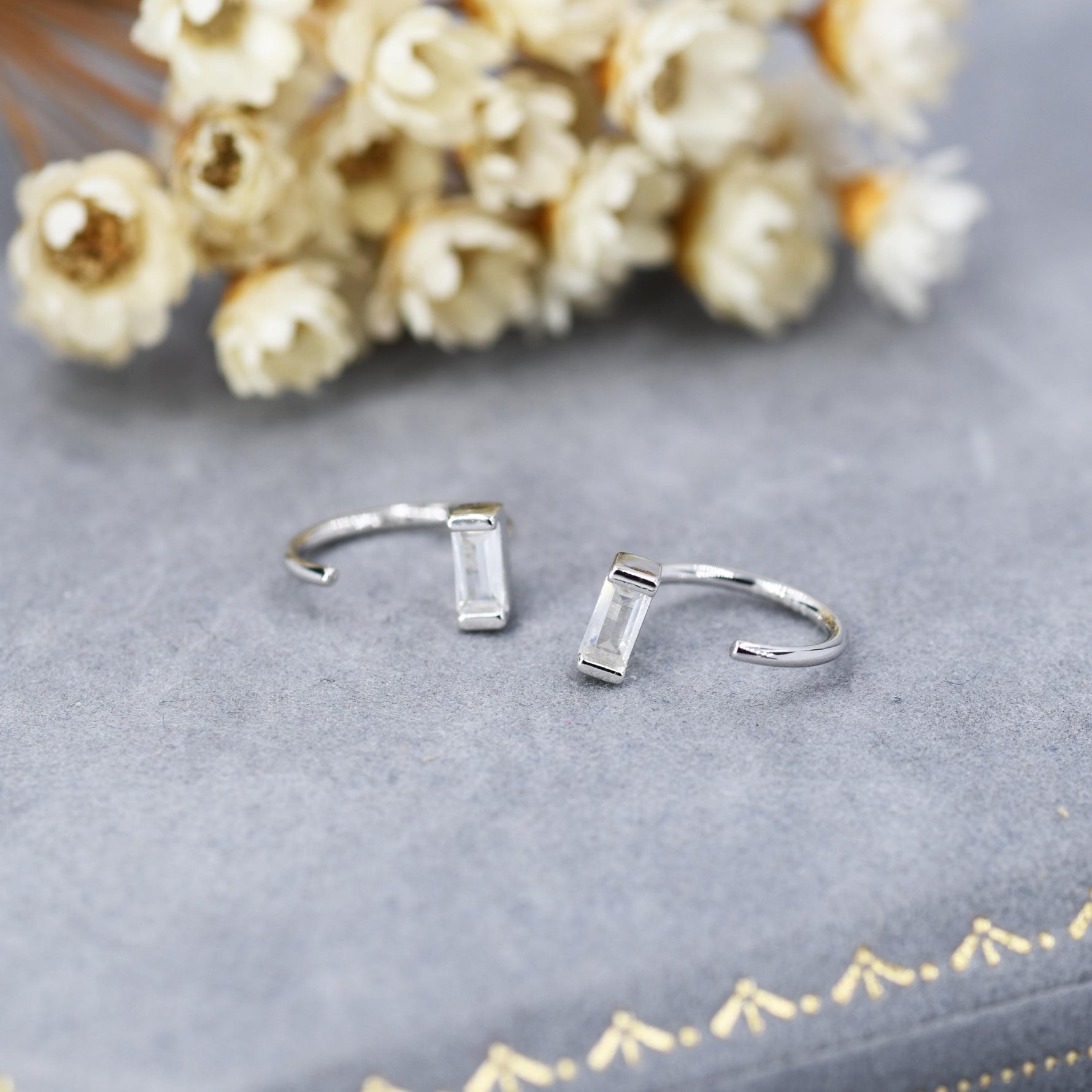 Horizontal Baguette Cut CZ Huggie Hoop Earrings in Sterling Silver, Silver or Gold, Open Hoops, Pull-Through Threader Earrings