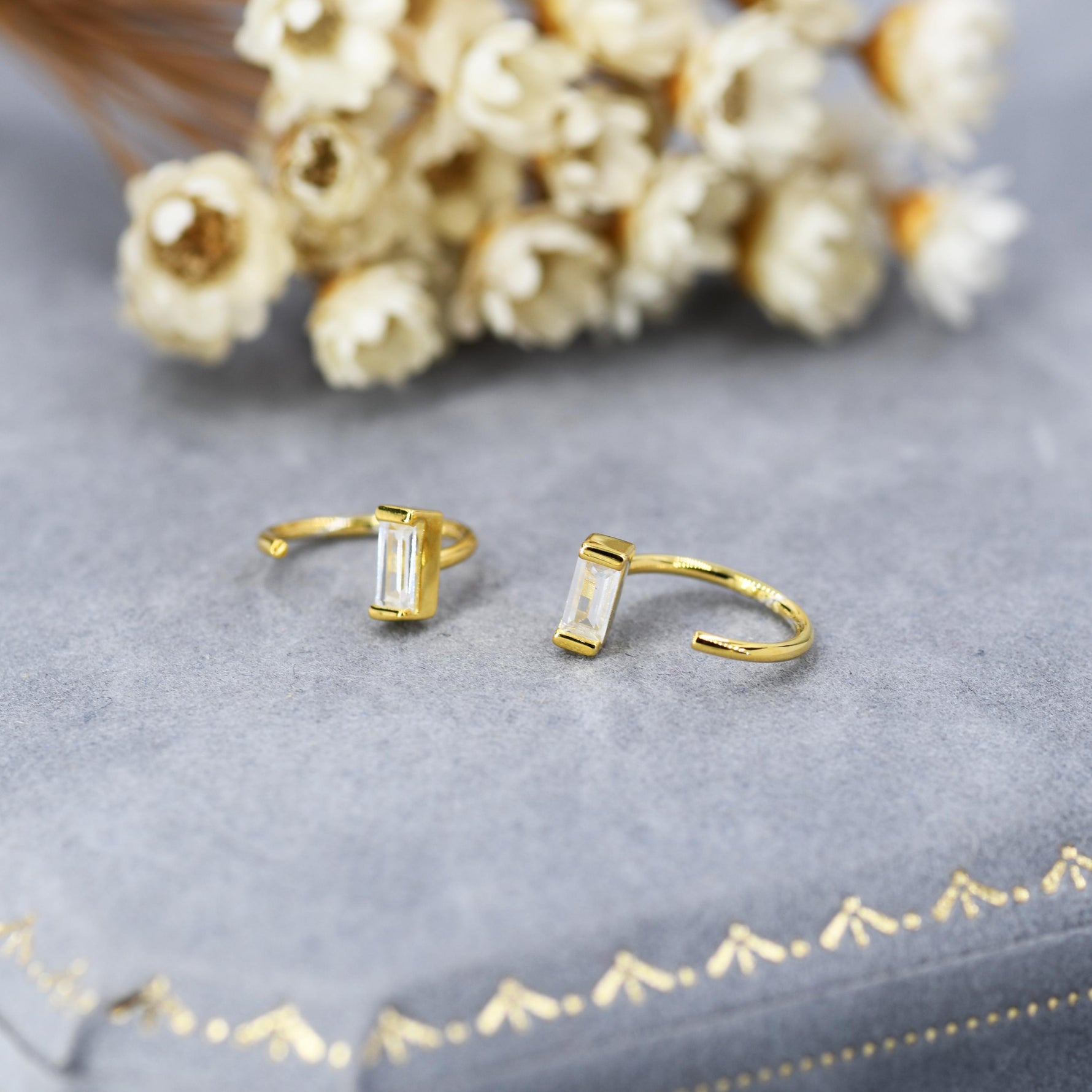 Horizontal Baguette Cut CZ Huggie Hoop Earrings in Sterling Silver, Silver or Gold, Open Hoops, Pull-Through Threader Earrings