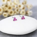 Extra Tiny Tree Dot Ruby Pink CZ Stud Earrings in Sterling Silver, Silver or Gold, Three Dot Trinity Ruby Red Earrings
