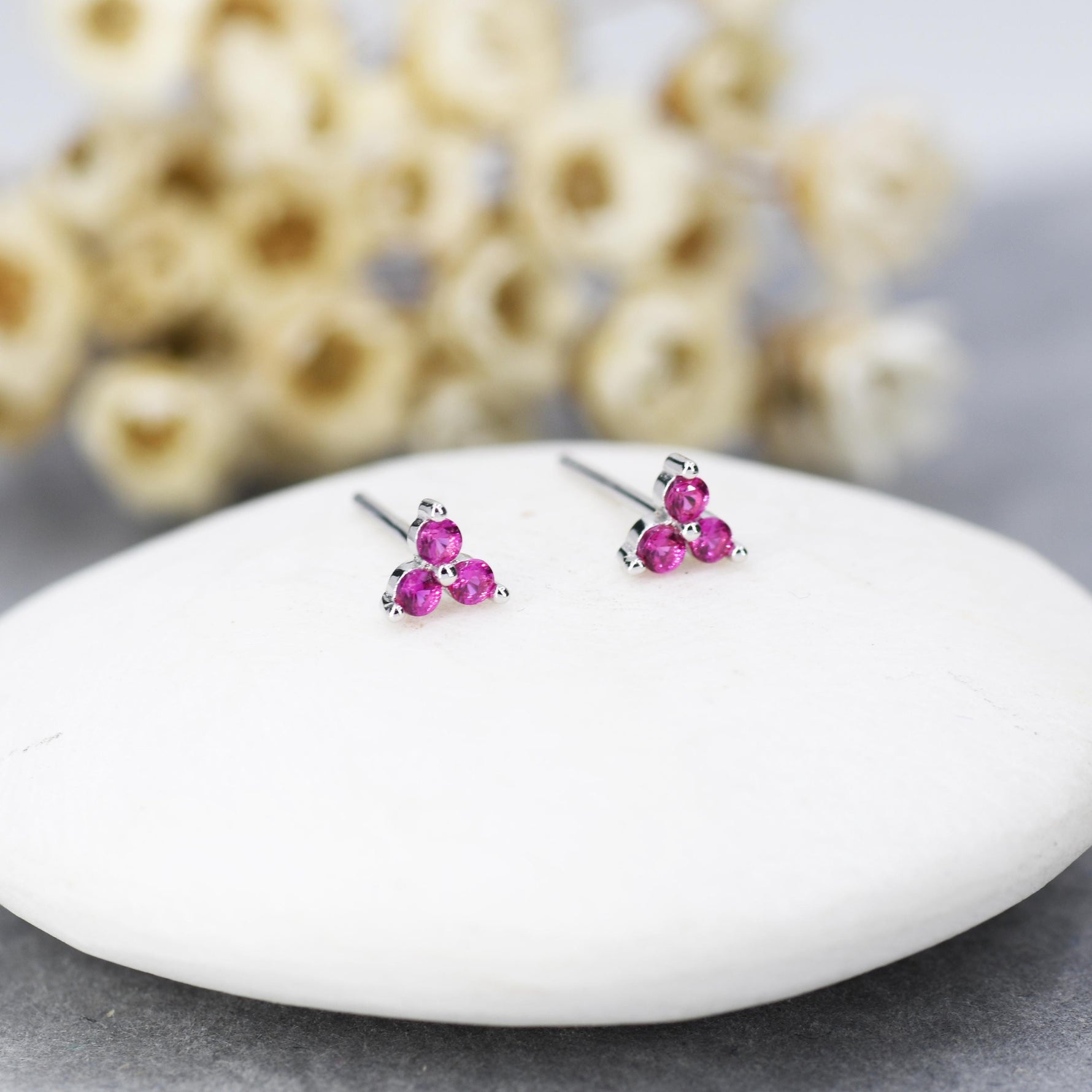 Extra Tiny Tree Dot Ruby Pink CZ Stud Earrings in Sterling Silver, Silver or Gold, Three Dot Trinity Ruby Red Earrings