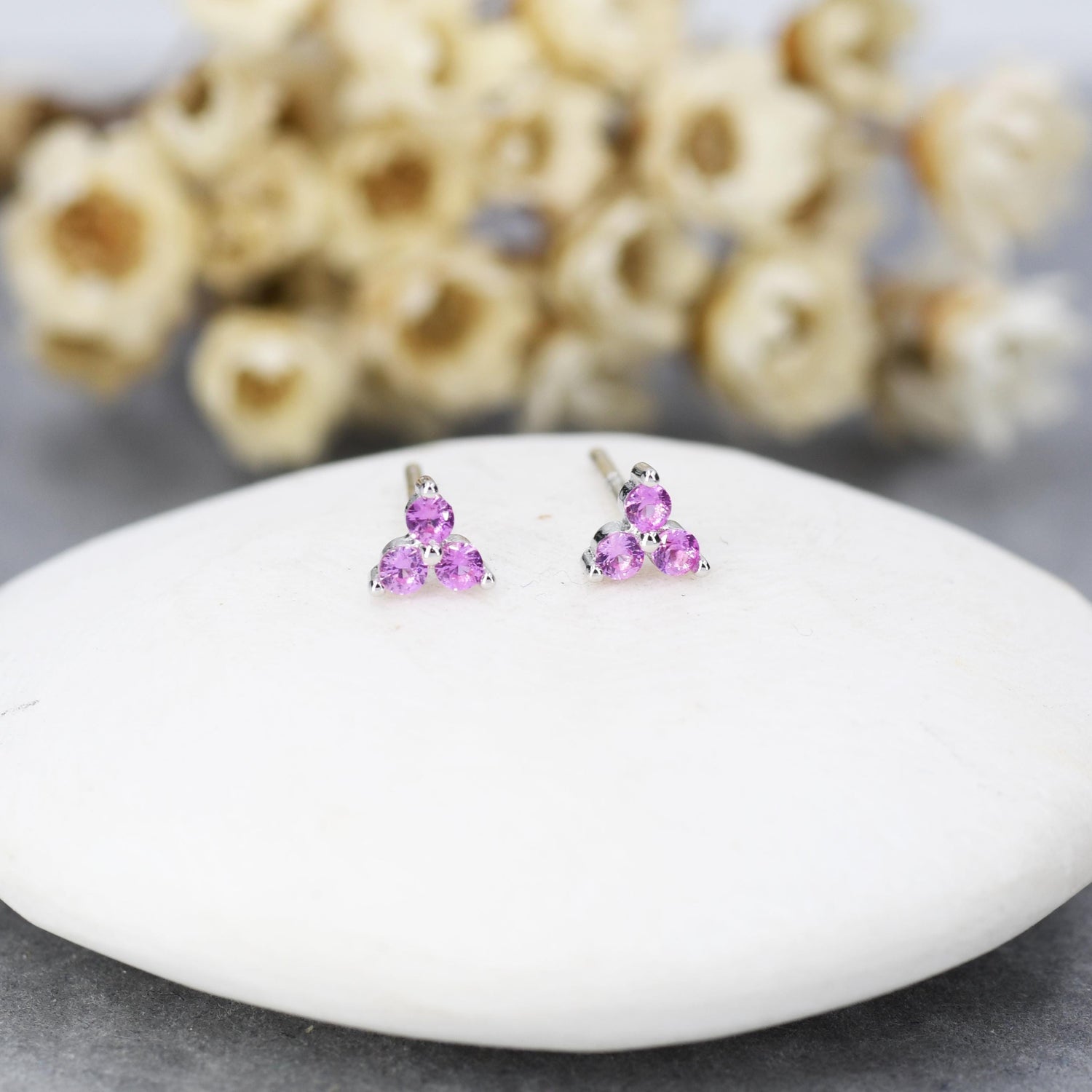 Extra Tiny Three Dot Pale Pink CZ Stud Earrings in Sterling Silver, Silver or Gold, Three Dot Trinity CZ Earrings