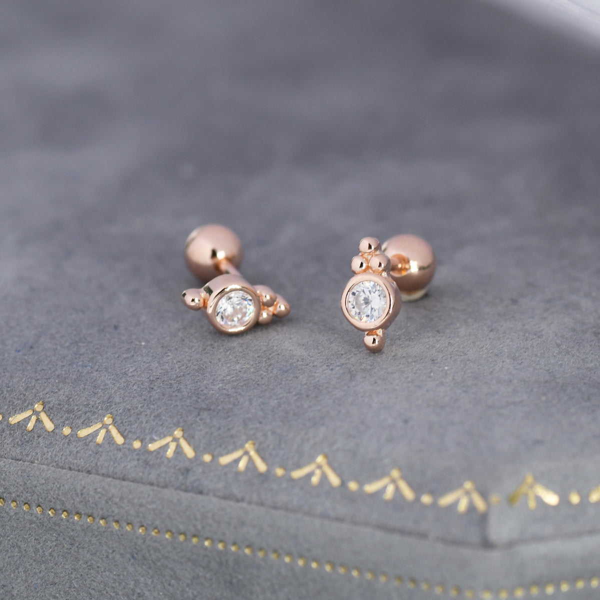 Tiny CZ Crystal with Dot Trio Screw Back / Internally Threaded Flat Back / Stud Earrings, Dot Earrings, Vintage Inspired Design