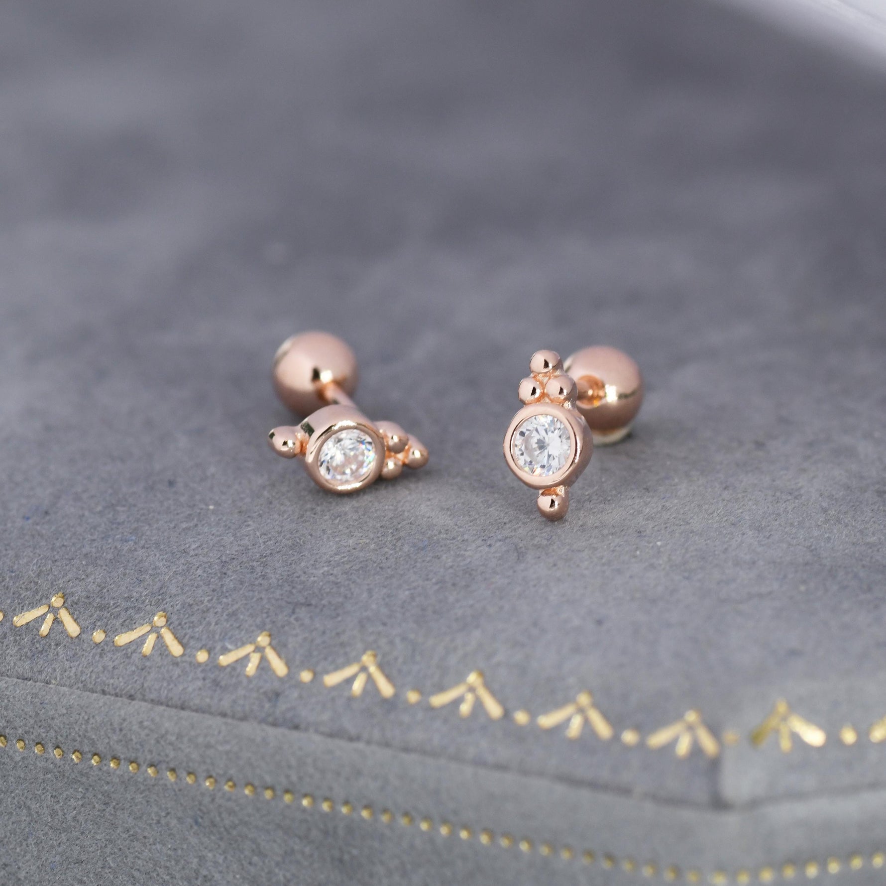 Tiny CZ Crystal with Dot Trio Screw Back / Internally Threaded Flat Back / Stud Earrings, Dot Earrings, Vintage Inspired Design