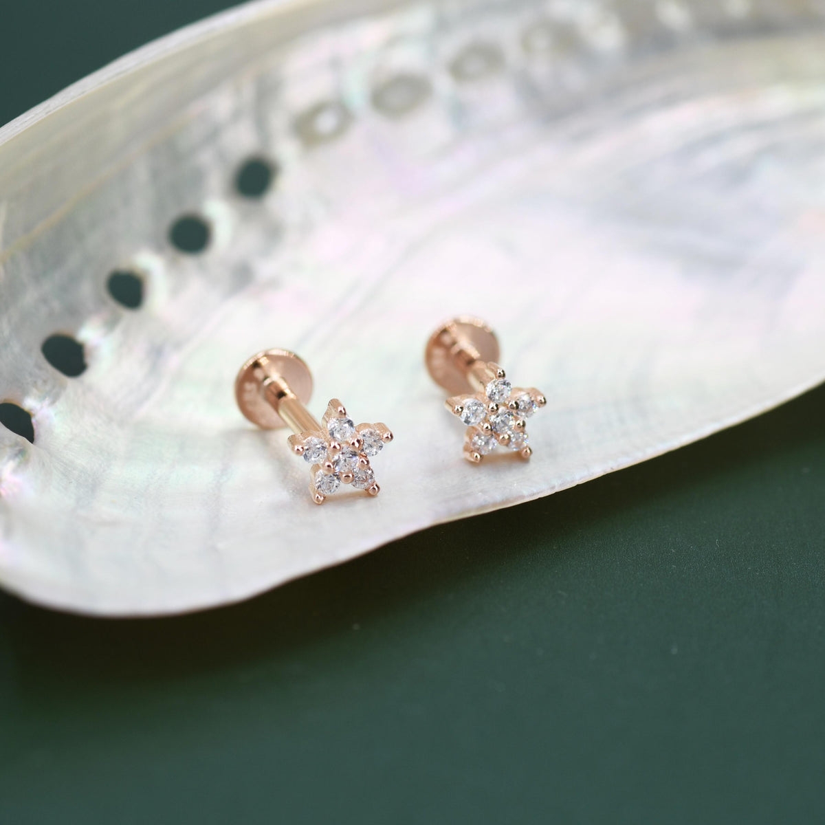 Tiny Flower CZ 16G Internally Threaded Flat Back Earrings in Sterling Silver