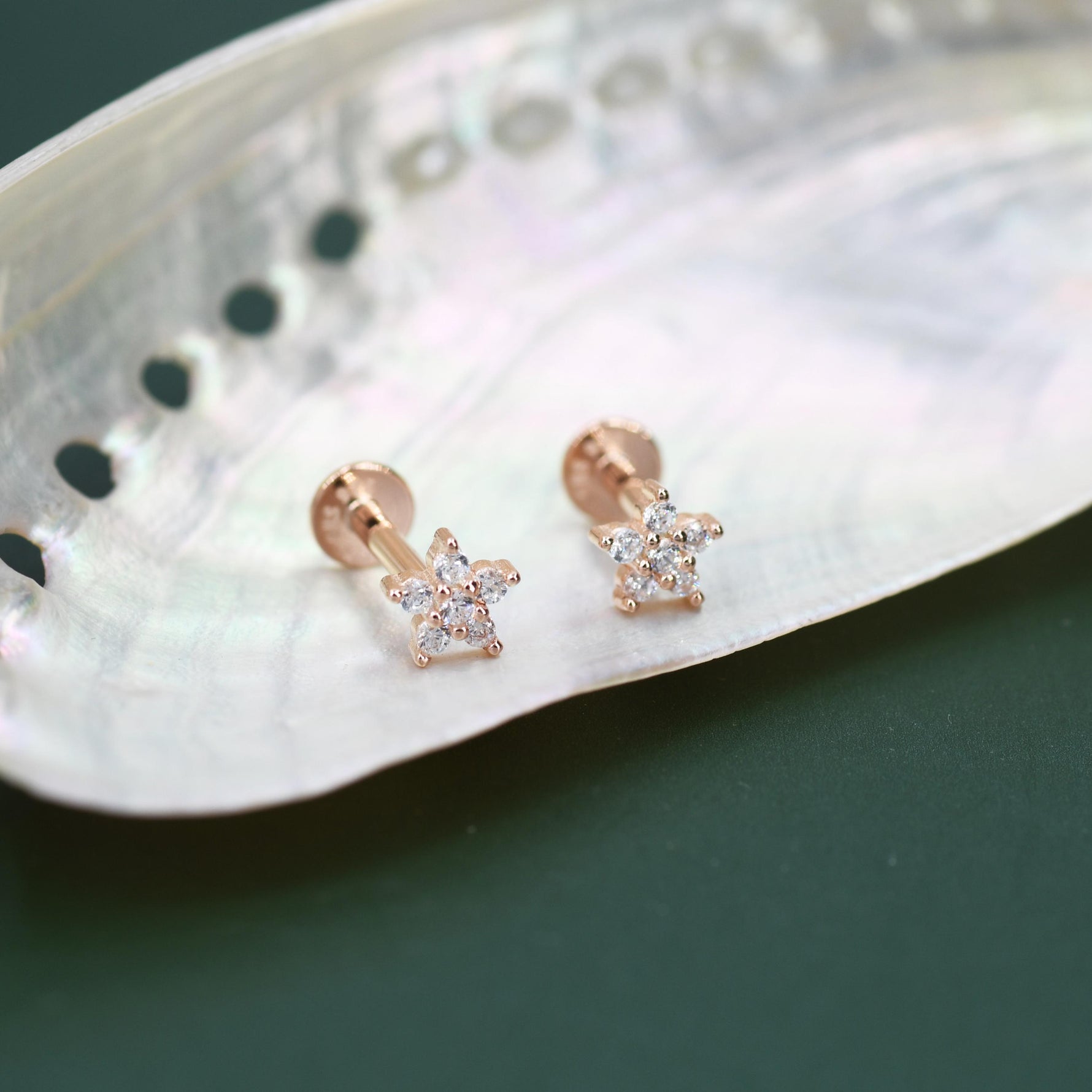 Tiny Flower CZ 16G Internally Threaded Flat Back Earrings in Sterling Silver