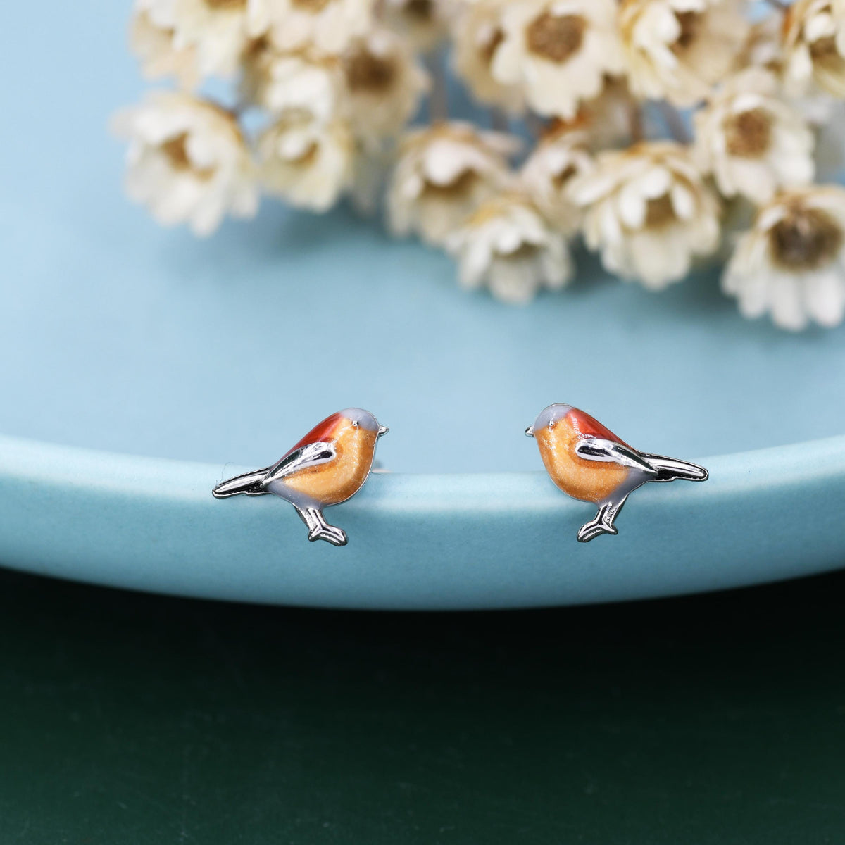 Sterling Silver Enamel Robin Bird Stud Earrings, Dainty British Bird Earrings, Nature Inspired Animal Earrings