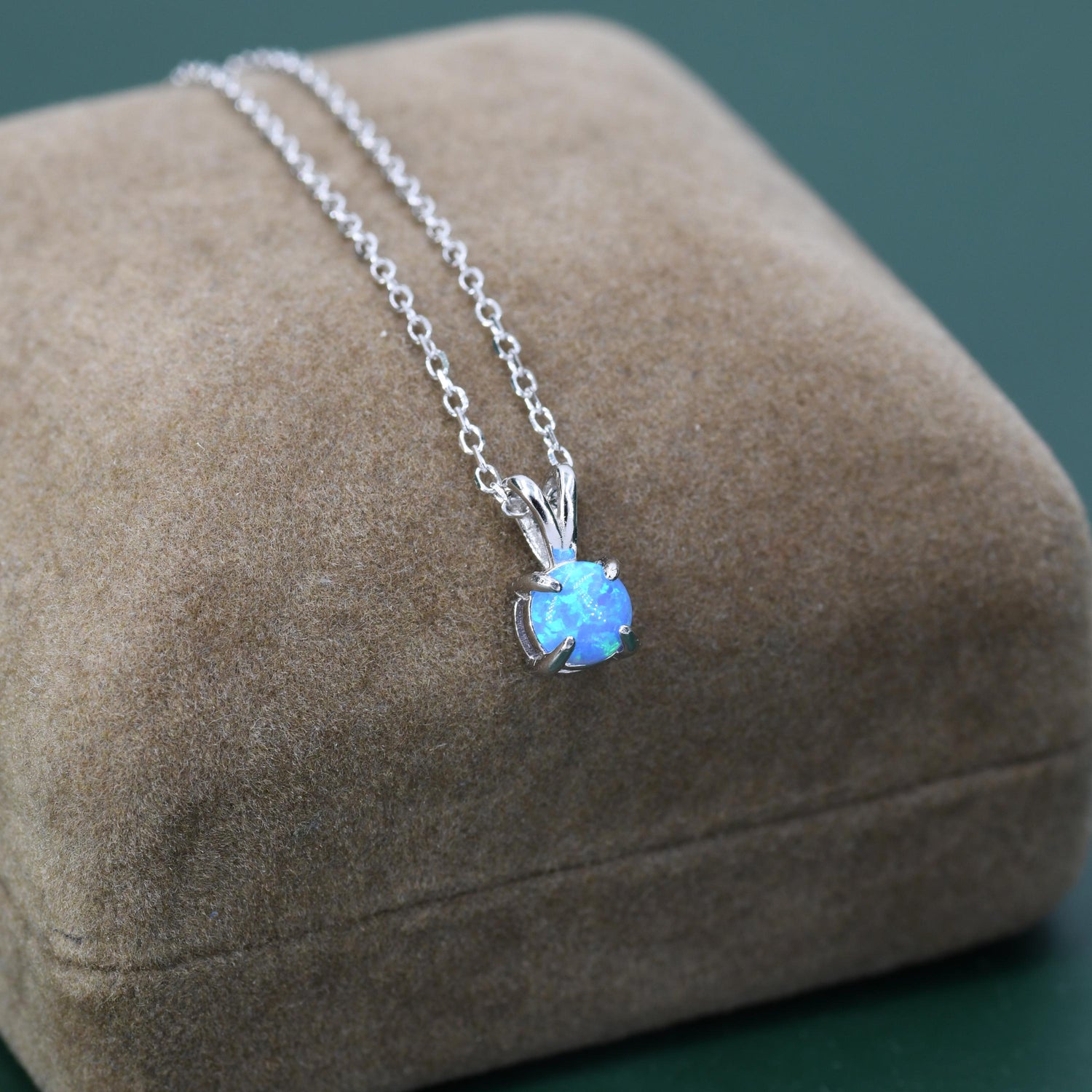 Tiny Blue Opal Necklace in Sterling Silver, Three Prong 5mm Opal Necklace, Minimalist October Birthstone Necklace, Tiny Opal Necklace