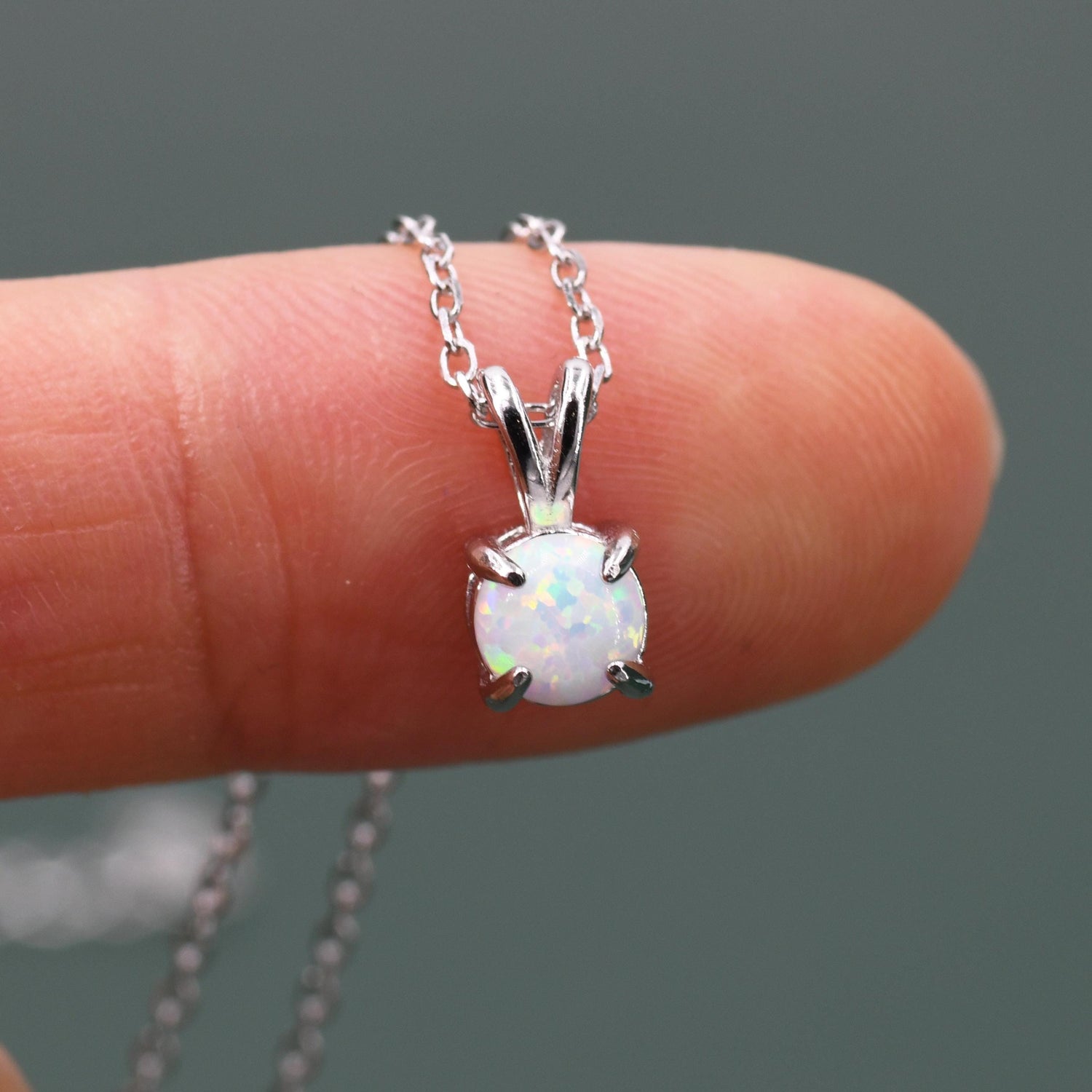 Tiny White Opal Pendant Necklace in Sterling Silver, 5mm Lab Opal Necklace, Single Opal Necklace, Fire Opal Necklace