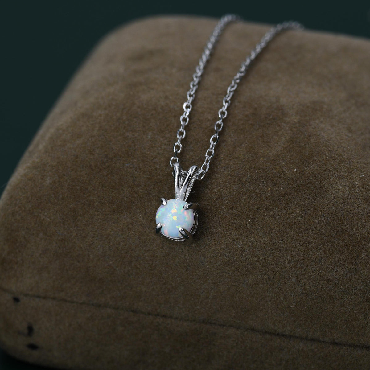 Tiny White Opal Pendant Necklace in Sterling Silver, 5mm Lab Opal Necklace, Single Opal Necklace, Fire Opal Necklace