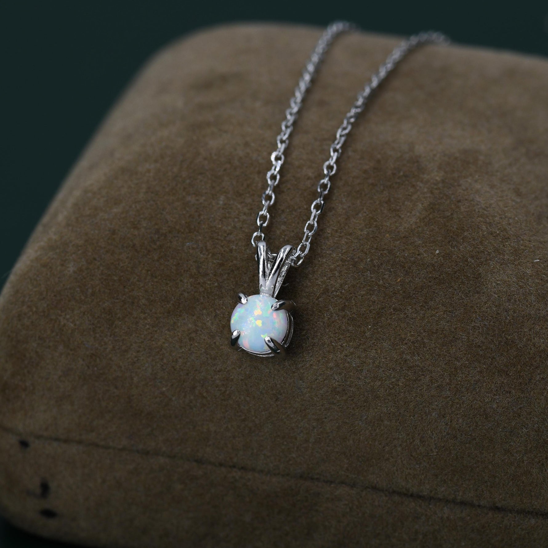 Tiny White Opal Pendant Necklace in Sterling Silver, 5mm Lab Opal Necklace, Single Opal Necklace, Fire Opal Necklace