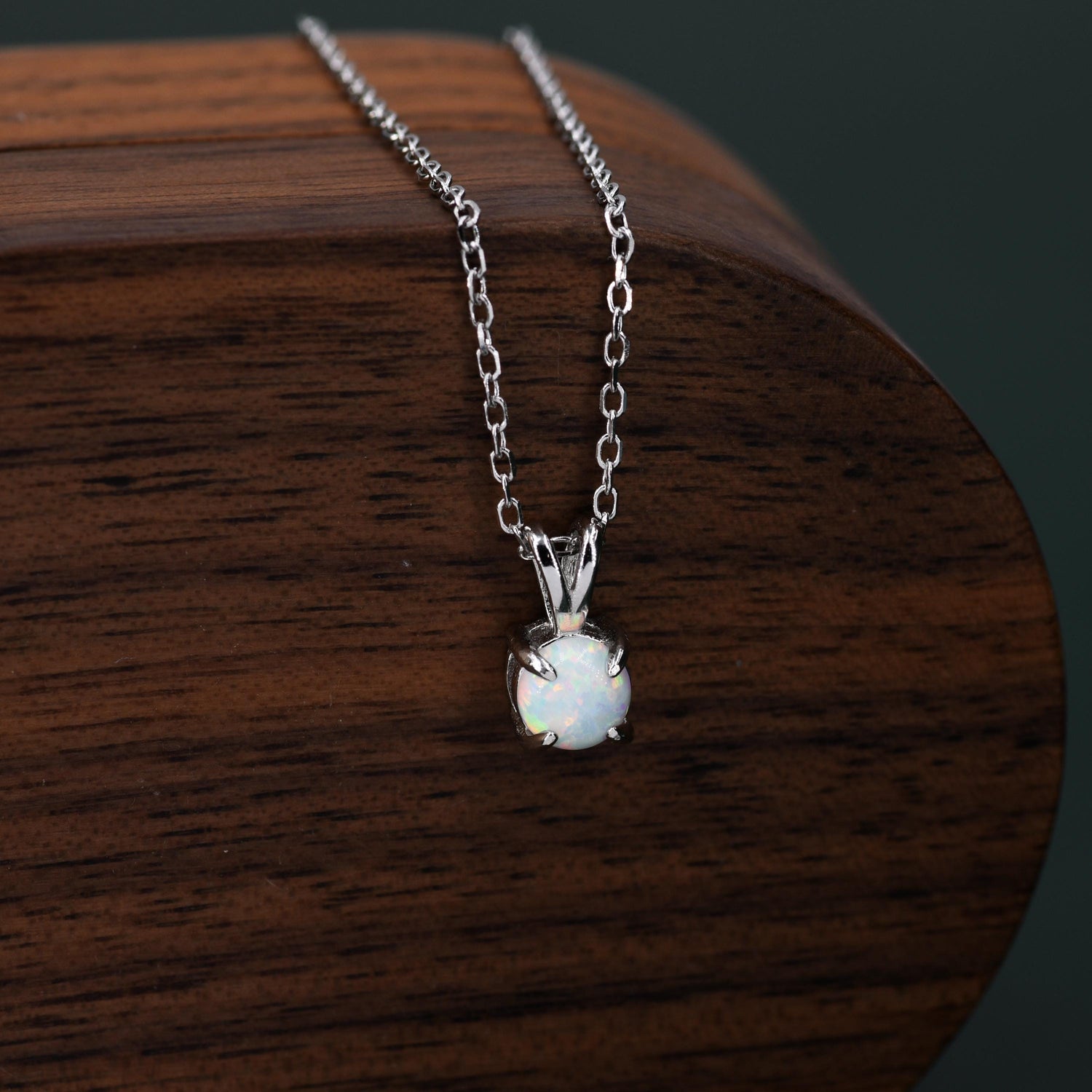 Tiny White Opal Pendant Necklace in Sterling Silver, 5mm Lab Opal Necklace, Single Opal Necklace, Fire Opal Necklace