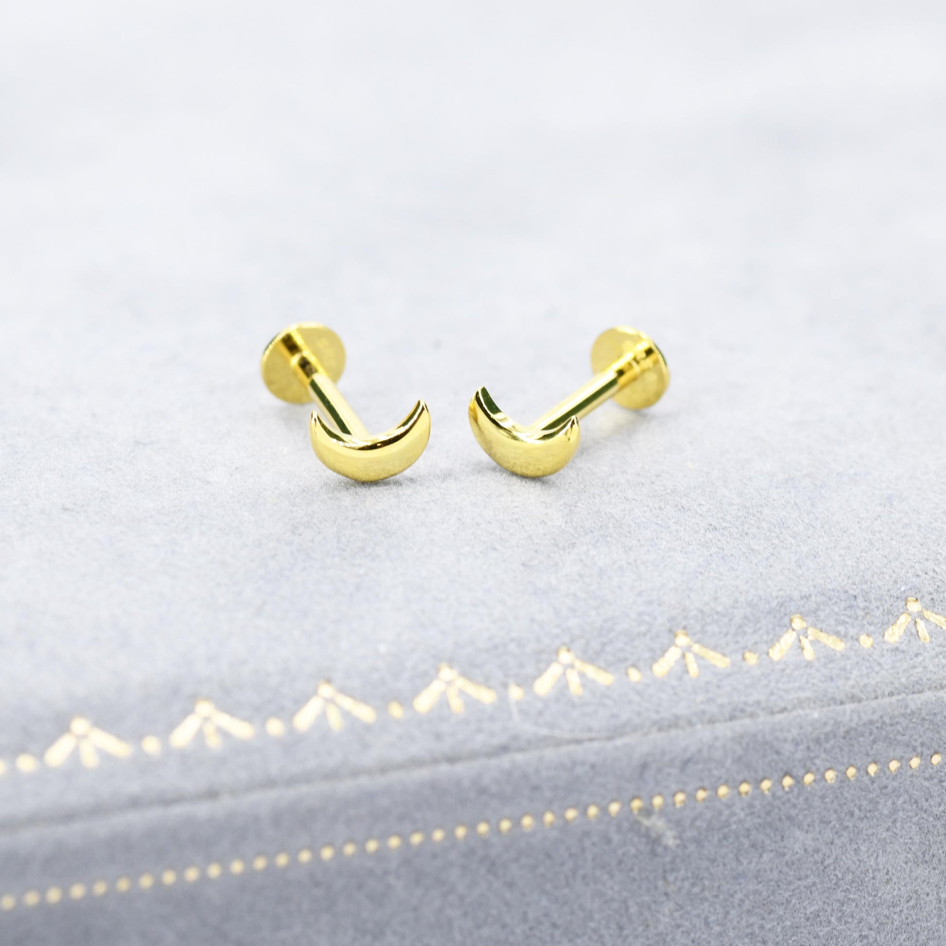 Internally Threaded Flat Back Moon Earrings in Sterling Silver, Silver or Gold or Rose Gold, Also available with Butterfly Backs