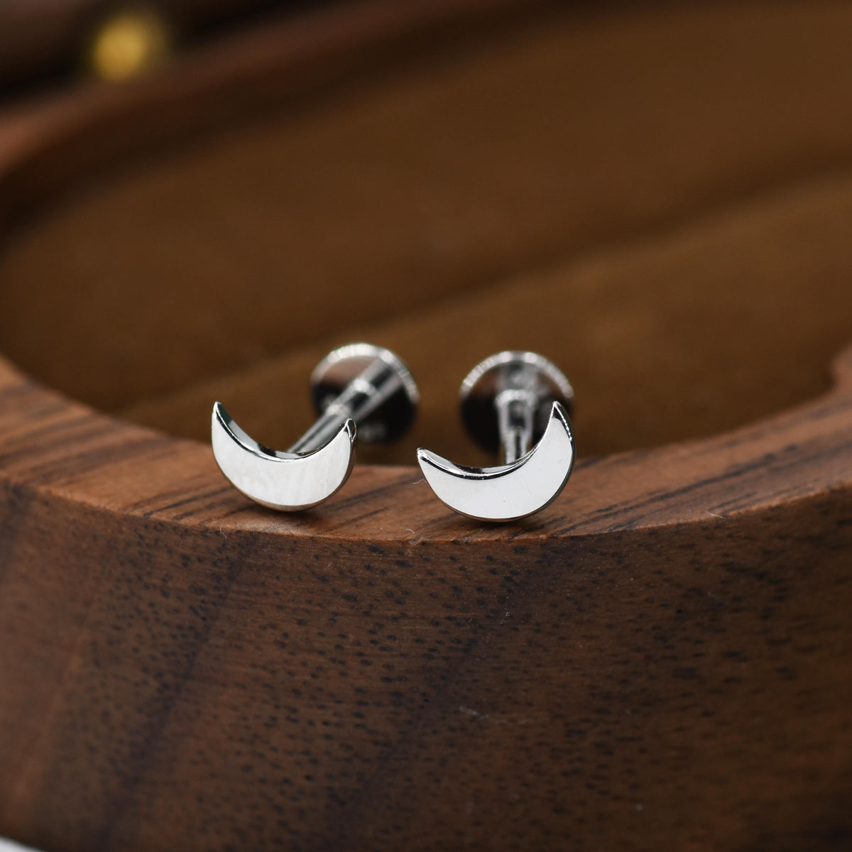 Sterling Silver Moon 16G Internally Threaded Flat Back Earrings