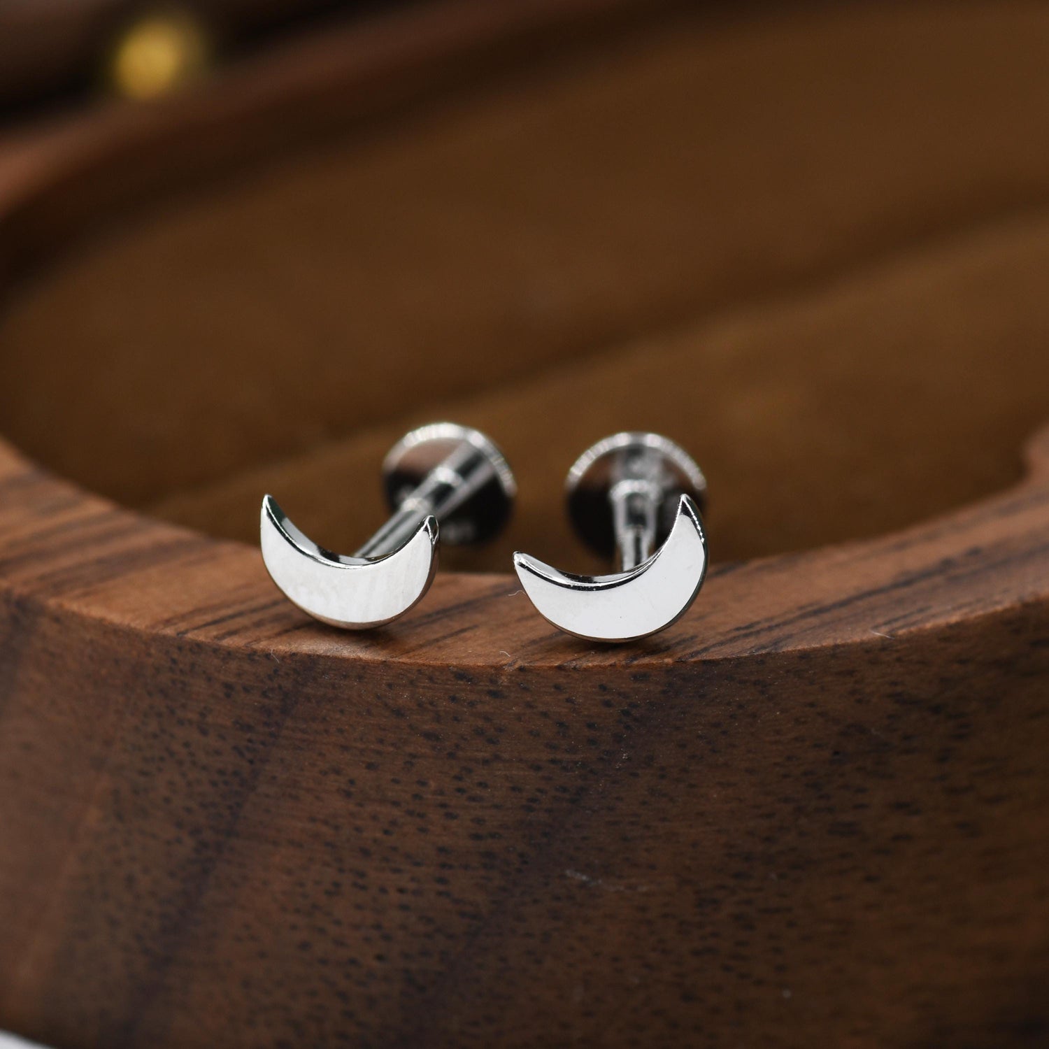 Sterling Silver Moon 16G Internally Threaded Flat Back Earrings
