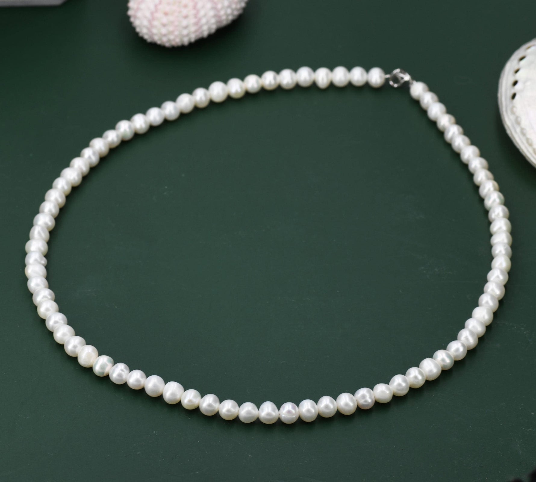 Genuine Freshwater Pearl Necklace in Sterling Silver, Slightly Irregular Shape 5mm Round Fresh Water Pearl Necklace, Men or Women, Unisex