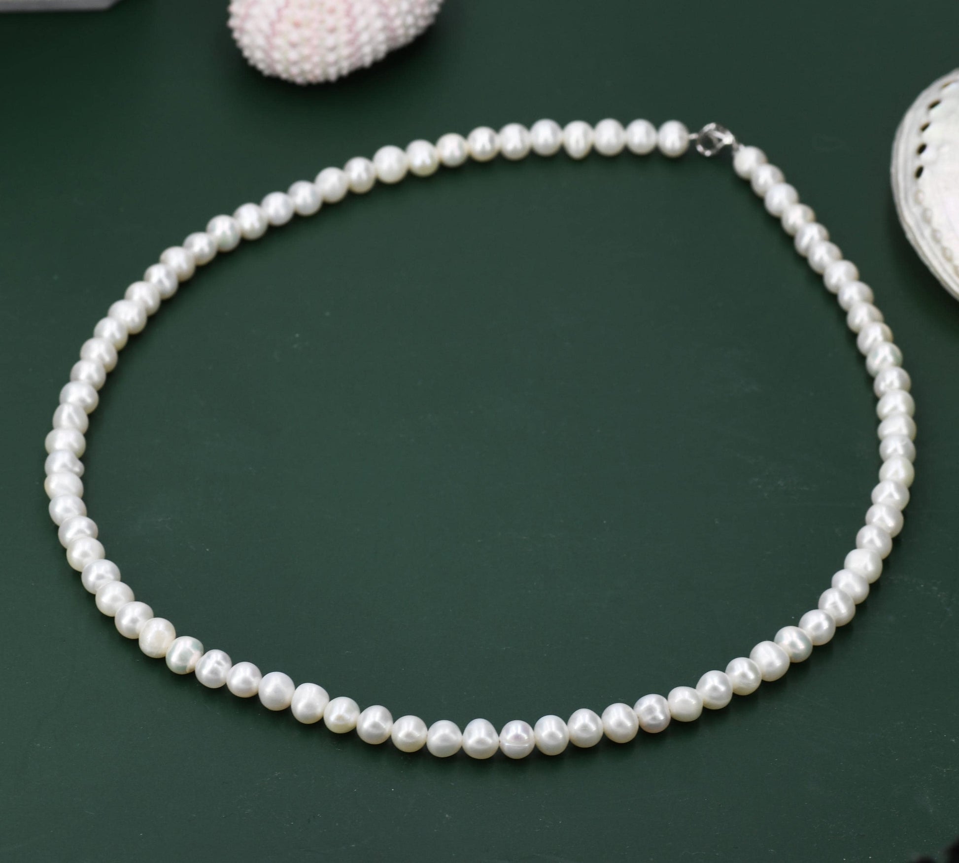 Genuine Freshwater Pearl Necklace in Sterling Silver, Slightly Irregular Shape 5mm Round Fresh Water Pearl Necklace, Men or Women, Unisex