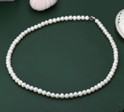 Genuine Freshwater Pearl Necklace in Sterling Silver, Slightly Irregular Shape 5mm Round Fresh Water Pearl Necklace, Men or Women, Unisex