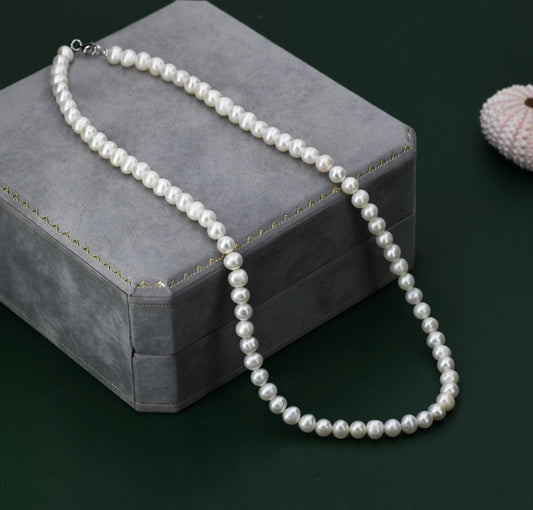 Genuine Freshwater Pearl Necklace in Sterling Silver, Slightly Irregular Shape 5mm Round Fresh Water Pearl Necklace, Men or Women, Unisex