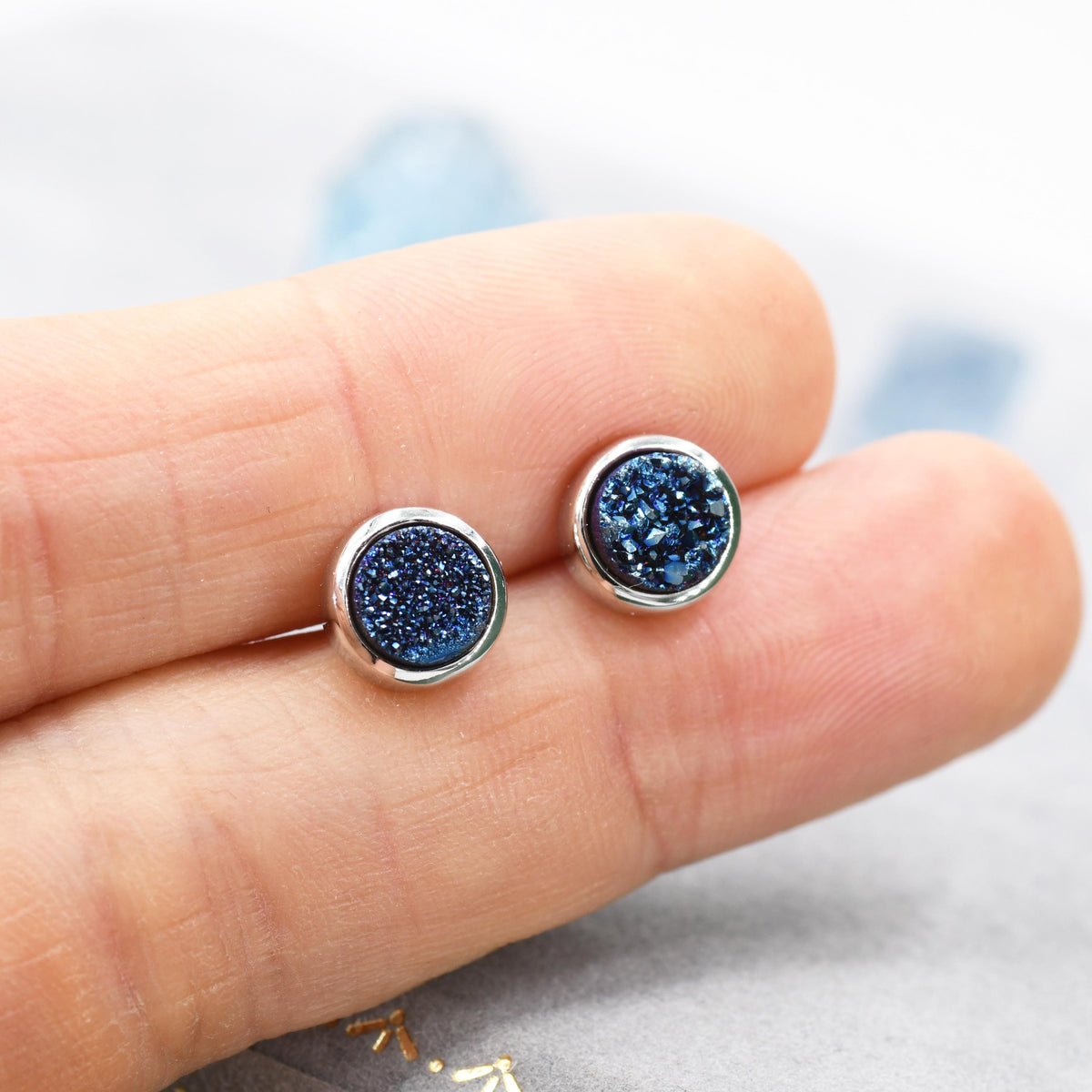 Blue Druzy Stone Stud Earrings