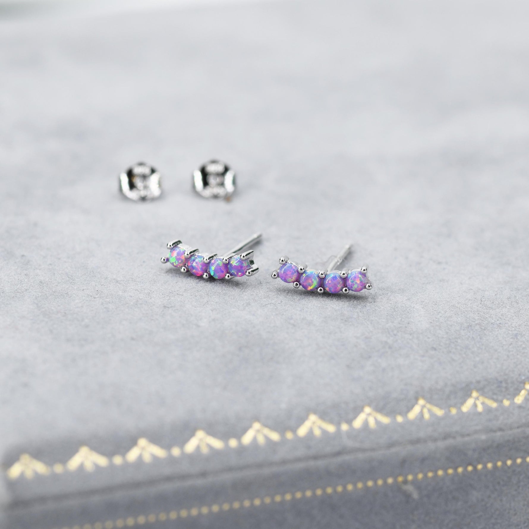 Tiny Purple Opal Curved Bar Screw Back / Stud Earrings in Sterling Silver, Silver or Gold, Opal Screw Back Earrings, Fire Opal