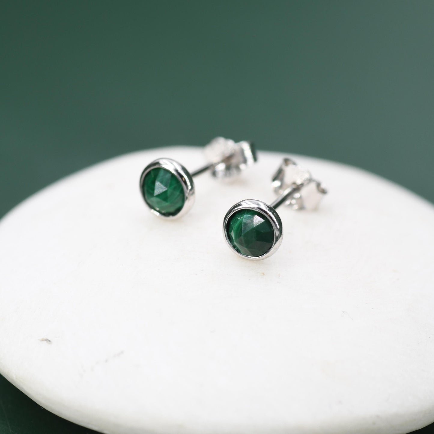 Natural Malachite Stone Stud Earrings in Sterling Silver - 4mm Rose Cut Genuine Malachite Stud Earrings - Semi Precious Gemstone