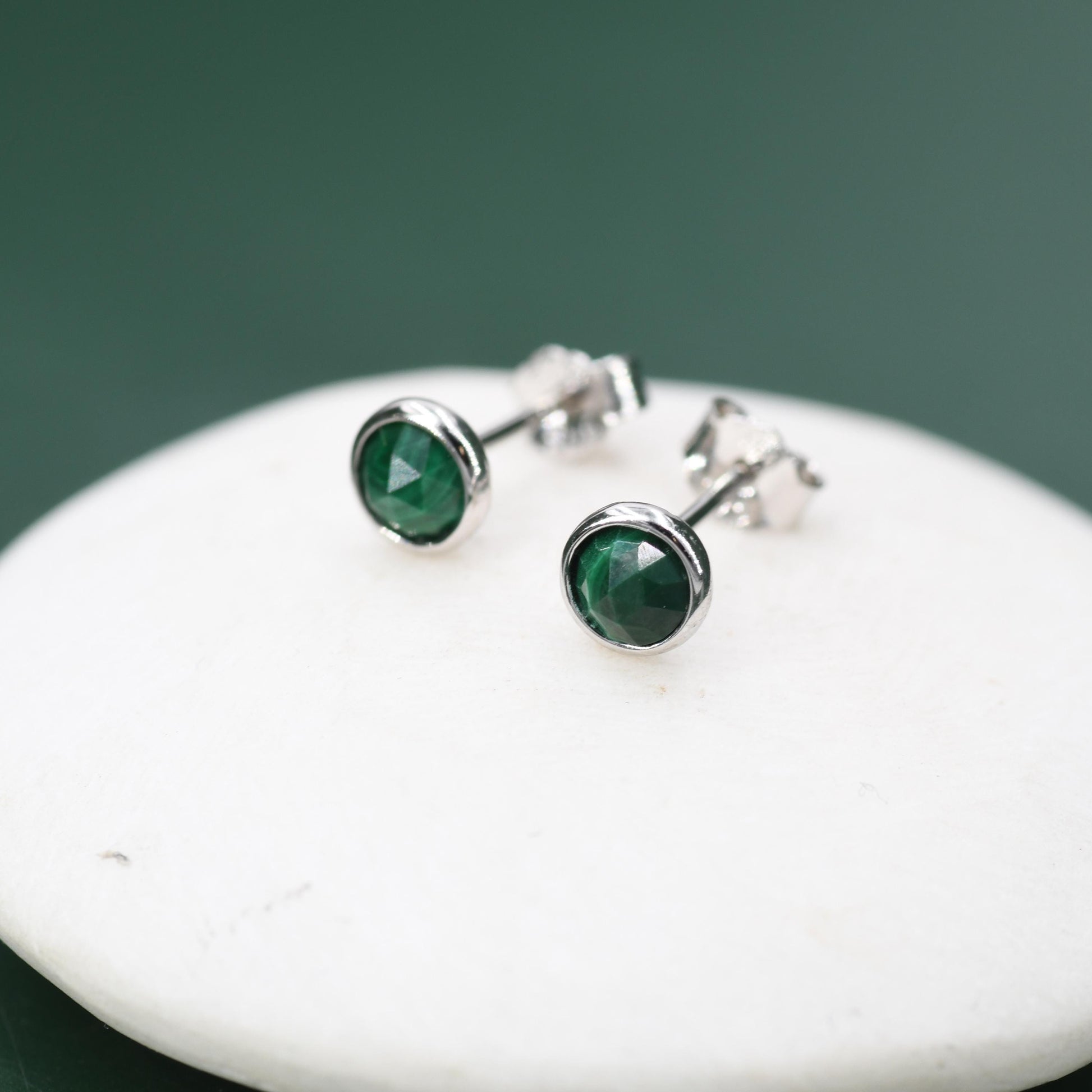 Natural Malachite Stone Stud Earrings in Sterling Silver - 4mm Rose Cut Genuine Malachite Stud Earrings - Semi Precious Gemstone