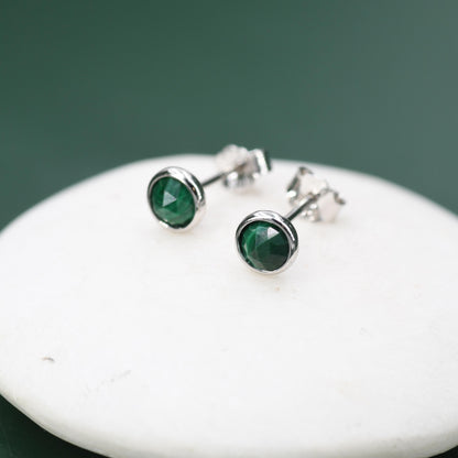 Natural Malachite Stone Stud Earrings in Sterling Silver - 4mm Rose Cut Genuine Malachite Stud Earrings - Semi Precious Gemstone