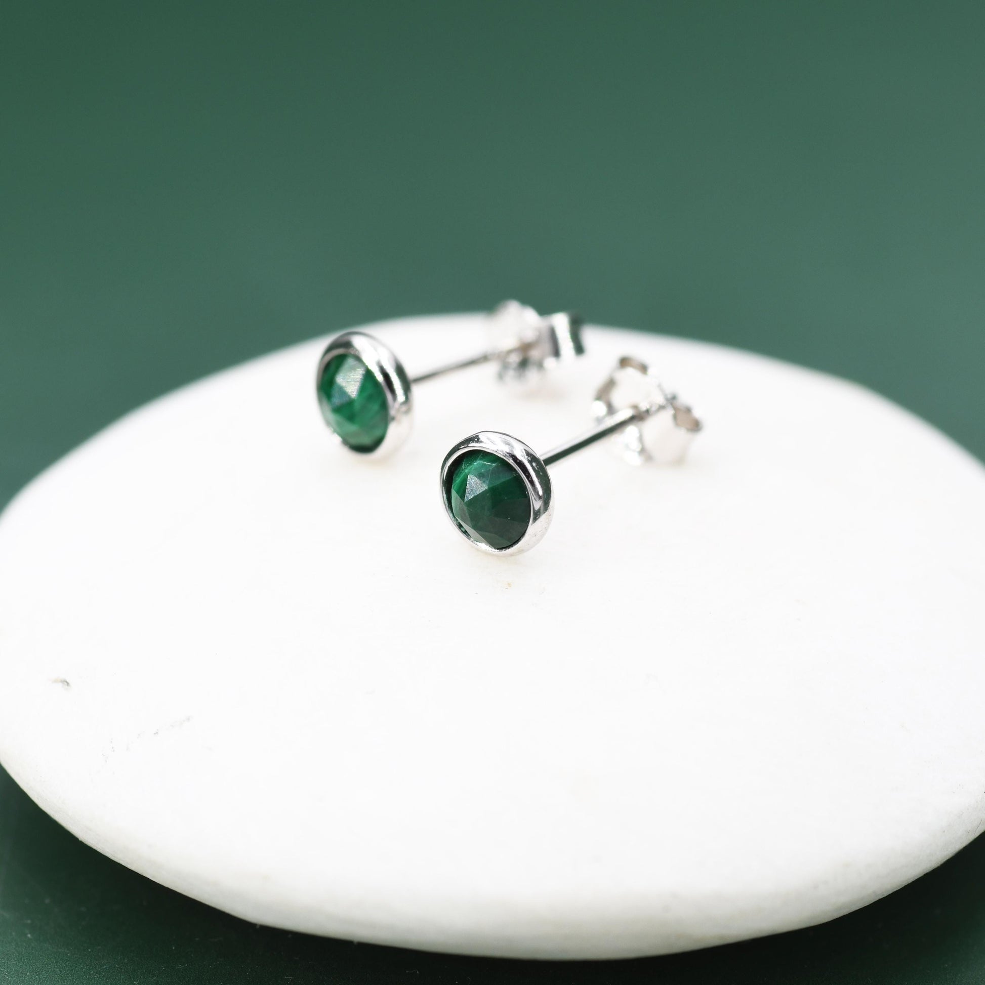 Natural Malachite Stone Stud Earrings in Sterling Silver - 4mm Rose Cut Genuine Malachite Stud Earrings - Semi Precious Gemstone