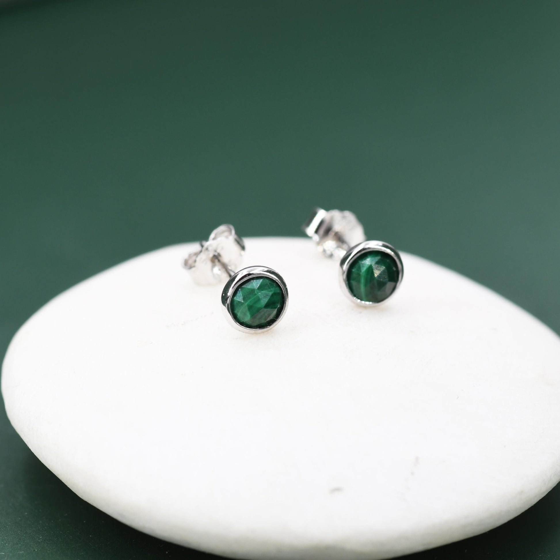 Natural Malachite Stone Stud Earrings in Sterling Silver - 4mm Rose Cut Genuine Malachite Stud Earrings - Semi Precious Gemstone