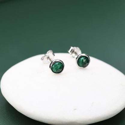 Natural Malachite Stone Stud Earrings in Sterling Silver - 4mm Rose Cut Genuine Malachite Stud Earrings - Semi Precious Gemstone