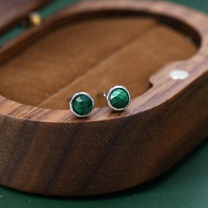 Natural Malachite Stone Stud Earrings in Sterling Silver - 4mm Rose Cut Genuine Malachite Stud Earrings - Semi Precious Gemstone