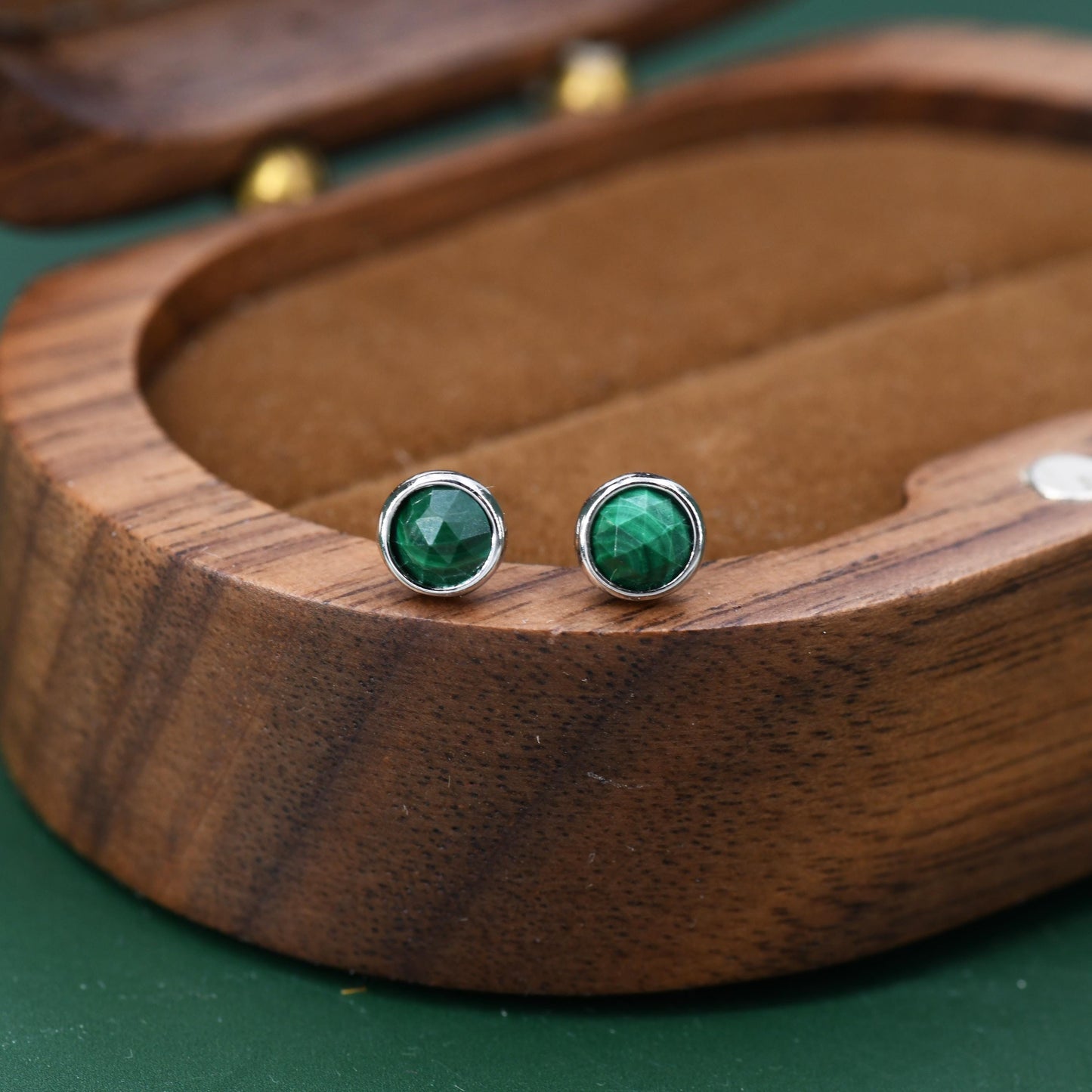 Natural Malachite Stone Stud Earrings in Sterling Silver - 4mm Rose Cut Genuine Malachite Stud Earrings - Semi Precious Gemstone