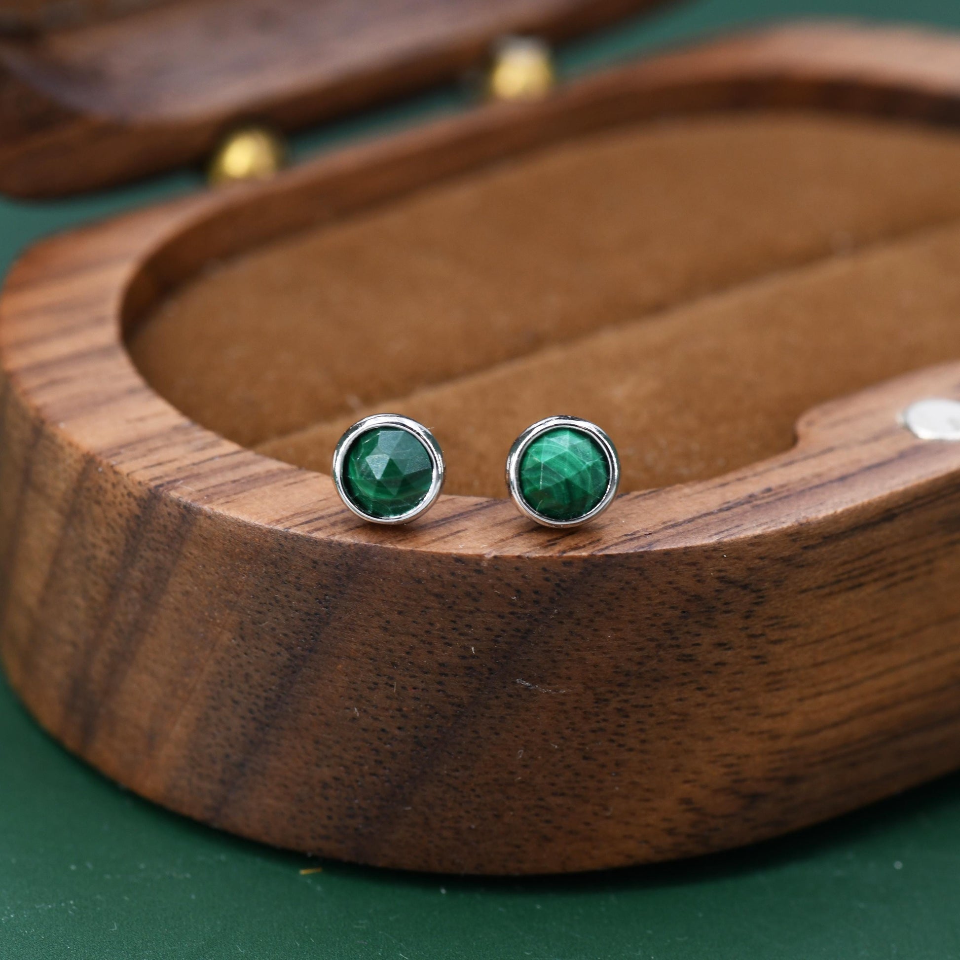 Natural Malachite Stone Stud Earrings in Sterling Silver - 4mm Rose Cut Genuine Malachite Stud Earrings - Semi Precious Gemstone