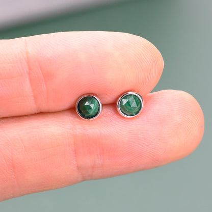 Natural Malachite Stone Stud Earrings in Sterling Silver - 4mm Rose Cut Genuine Malachite Stud Earrings - Semi Precious Gemstone