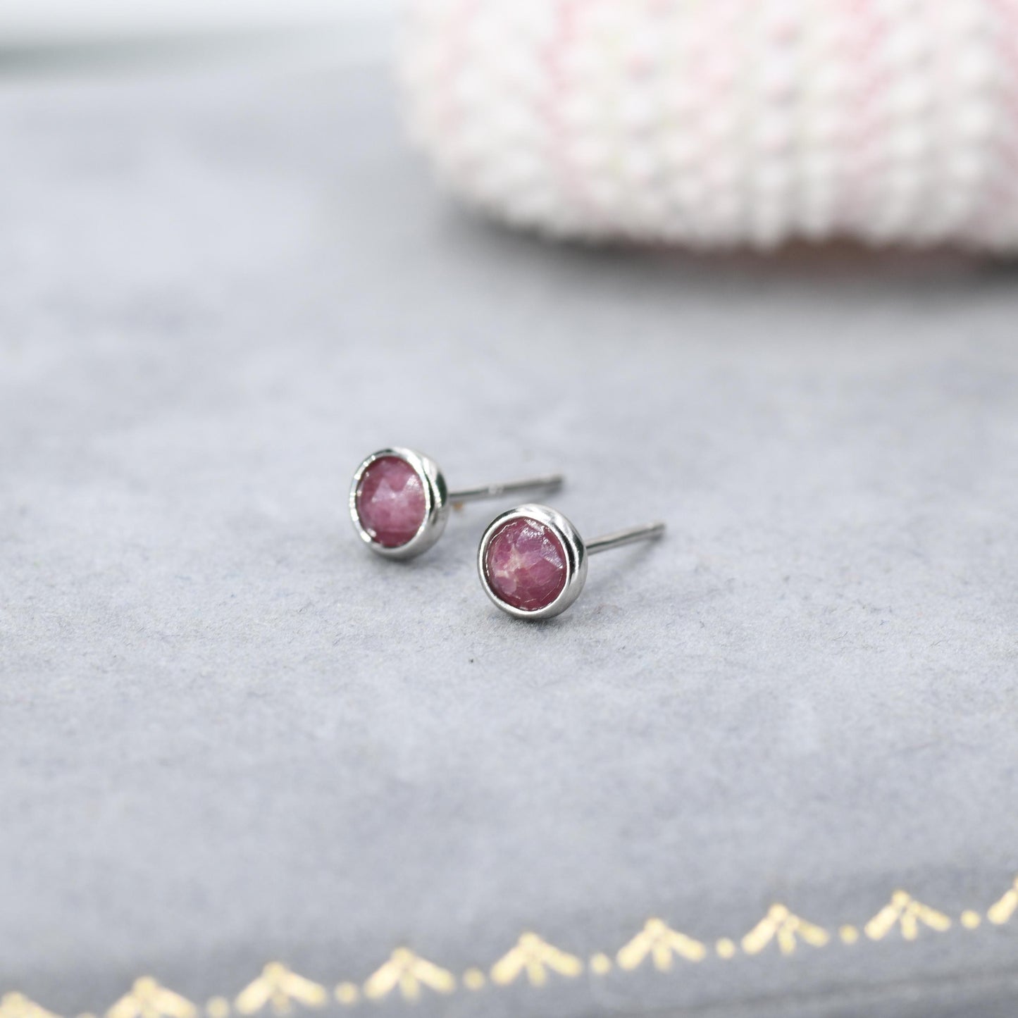 Sterling Silver Genuine Pink Tourmaline Tiny Stud Earrings, Natural Rose Cut Red Tourmaline Stud, Semi-Precious Gemstones, 4mm Bezel