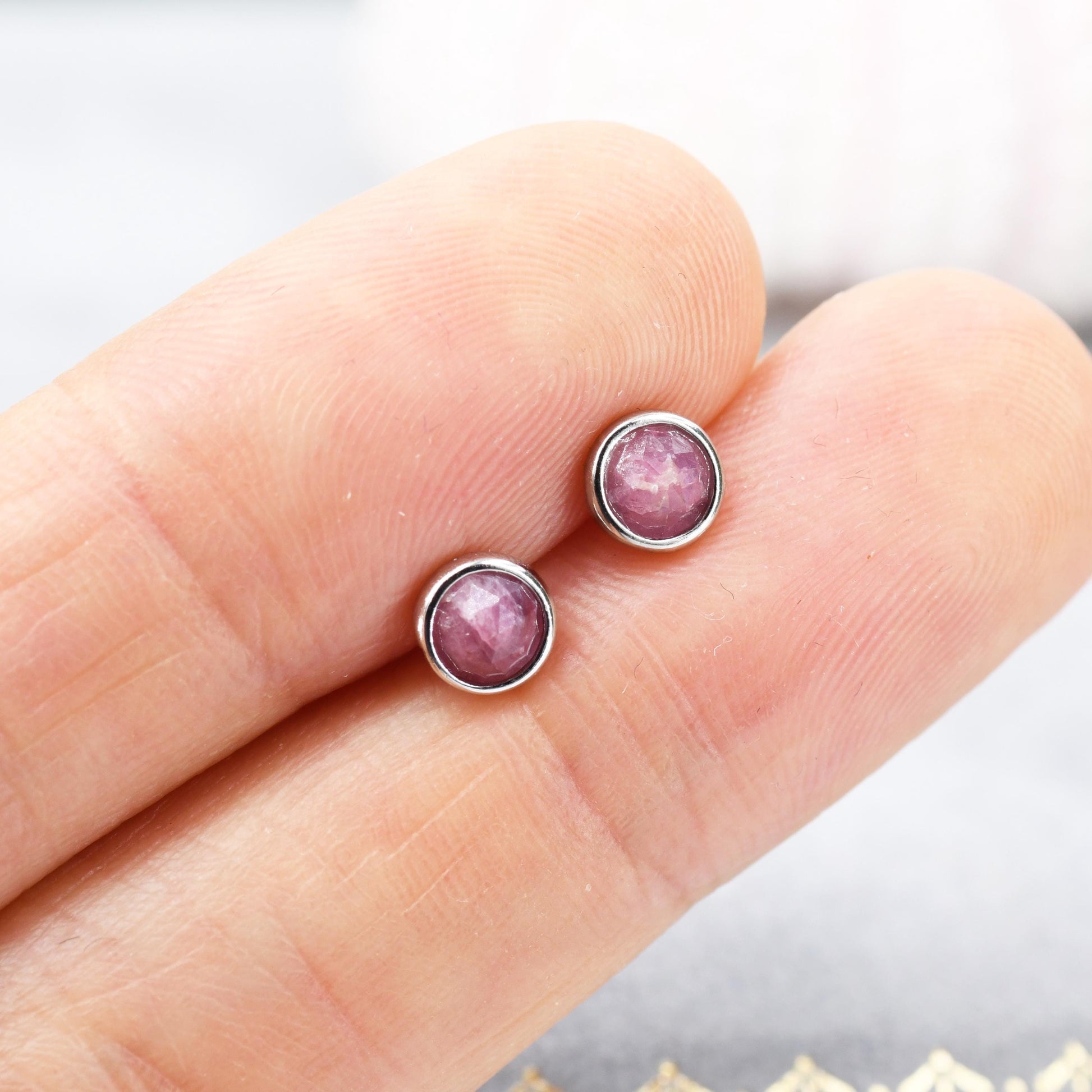 Sterling Silver Genuine Pink Tourmaline Tiny Stud Earrings, Natural Rose Cut Red Tourmaline Stud, Semi-Precious Gemstones, 4mm Bezel