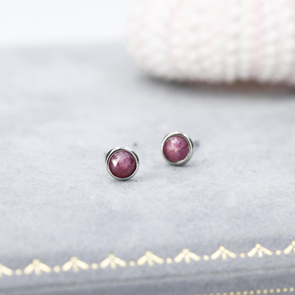 Sterling Silver Genuine Pink Tourmaline Tiny Stud Earrings, Natural Rose Cut Red Tourmaline Stud, Semi-Precious Gemstones, 4mm Bezel