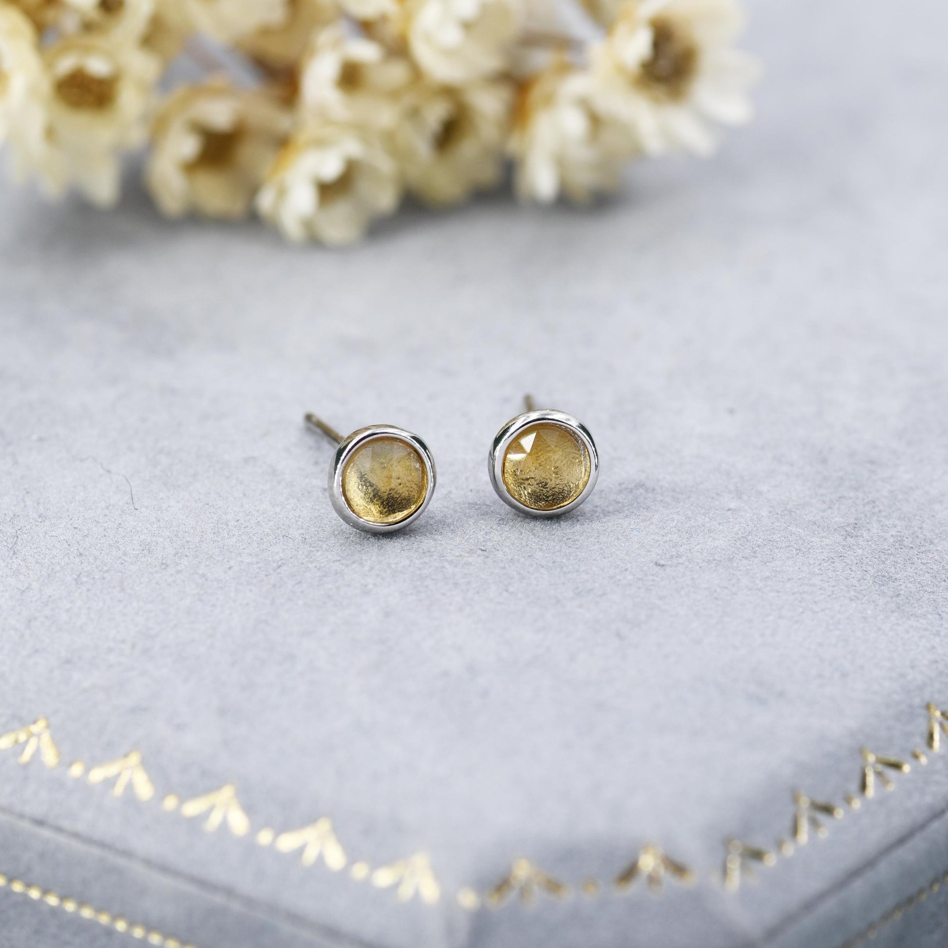 Natural Citrine Crystal Stud Earrings in Sterling Silver - 4mm - Genuine Rose Cut Yellow Citrine Crystal Stud Earrings - Semi Precious