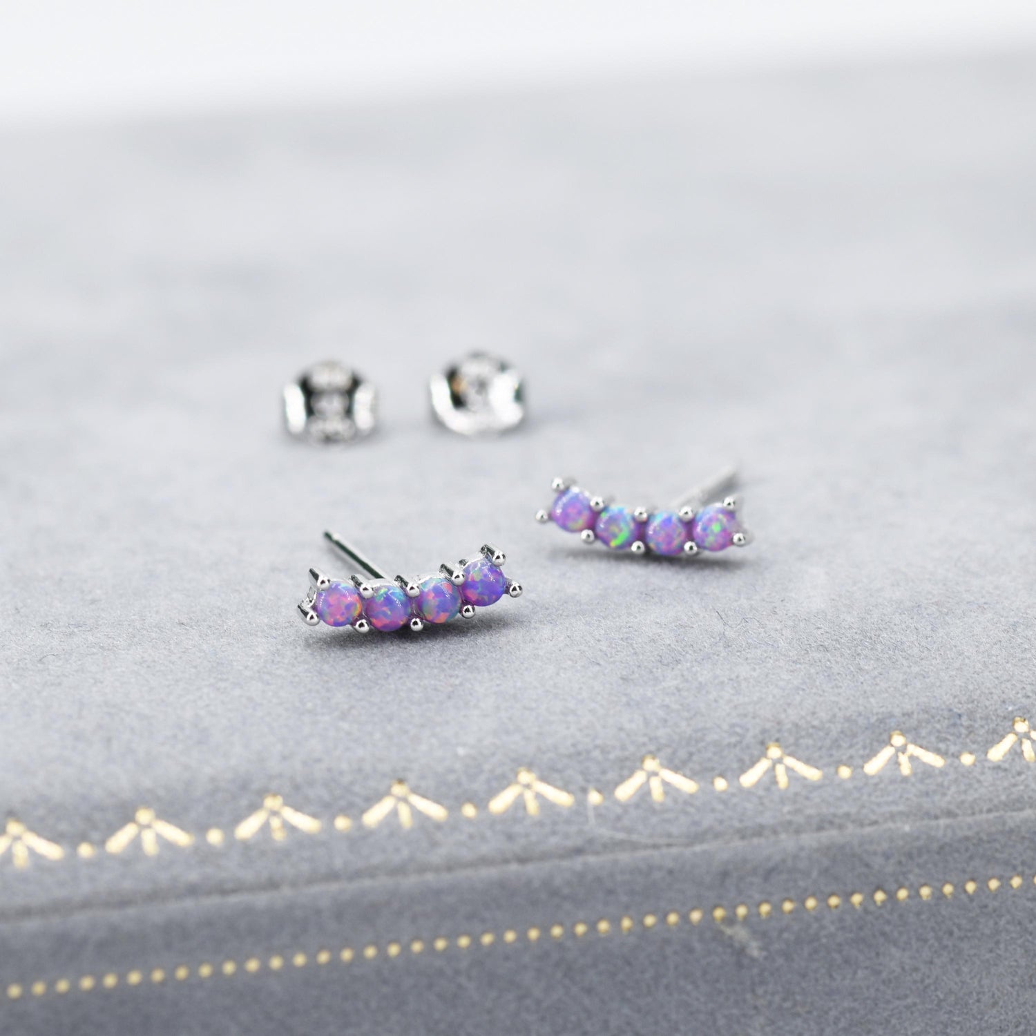 Tiny Purple Opal Curved Bar Screw Back / Stud Earrings in Sterling Silver, Silver or Gold, Opal Screw Back Earrings, Fire Opal
