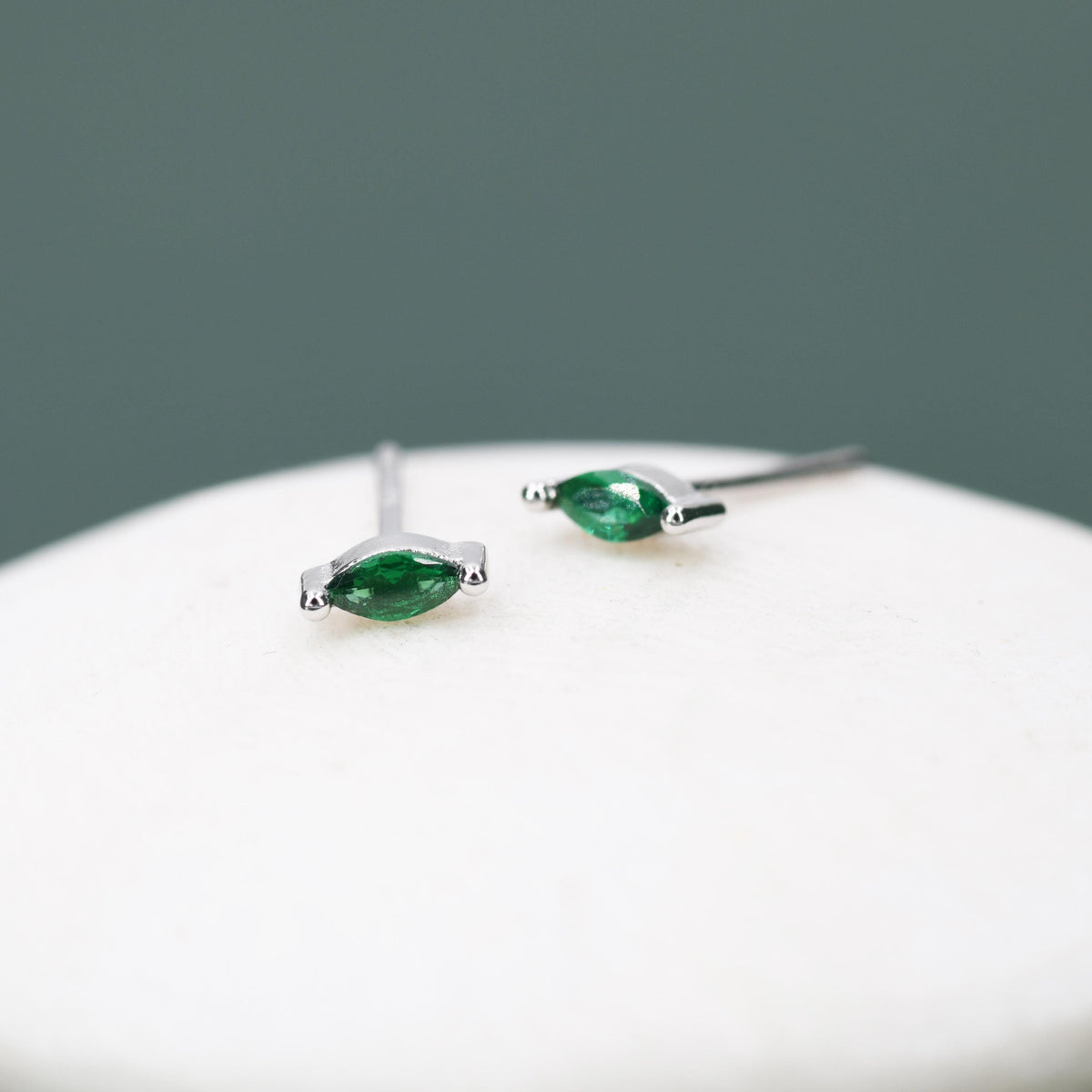 Very Tiny Emerald Green CZ Marquise Stud Earrings in Sterling Silver