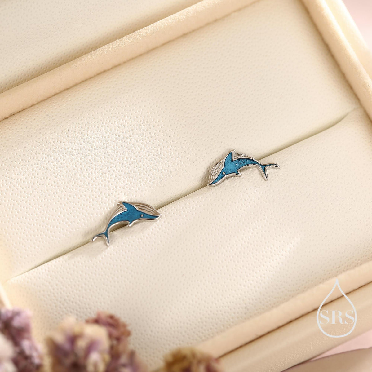 Very Tiny Blue Whale Stud Earrings in Sterling Silver with Hand Painted Enamel, Cute Whale Earrings