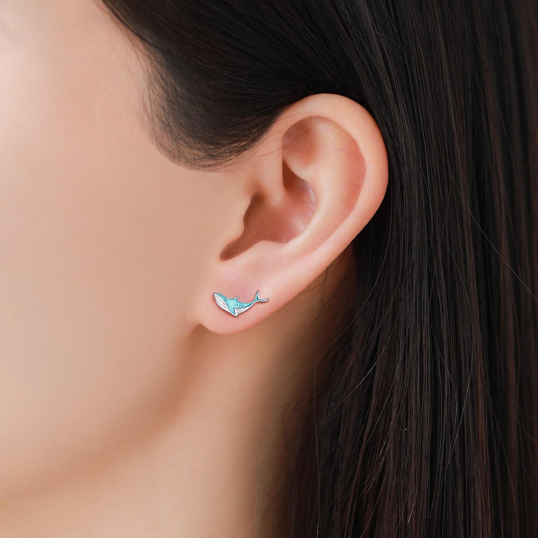 Very Tiny Blue Whale Stud Earrings in Sterling Silver with Hand Painted Enamel, Cute Whale Earrings