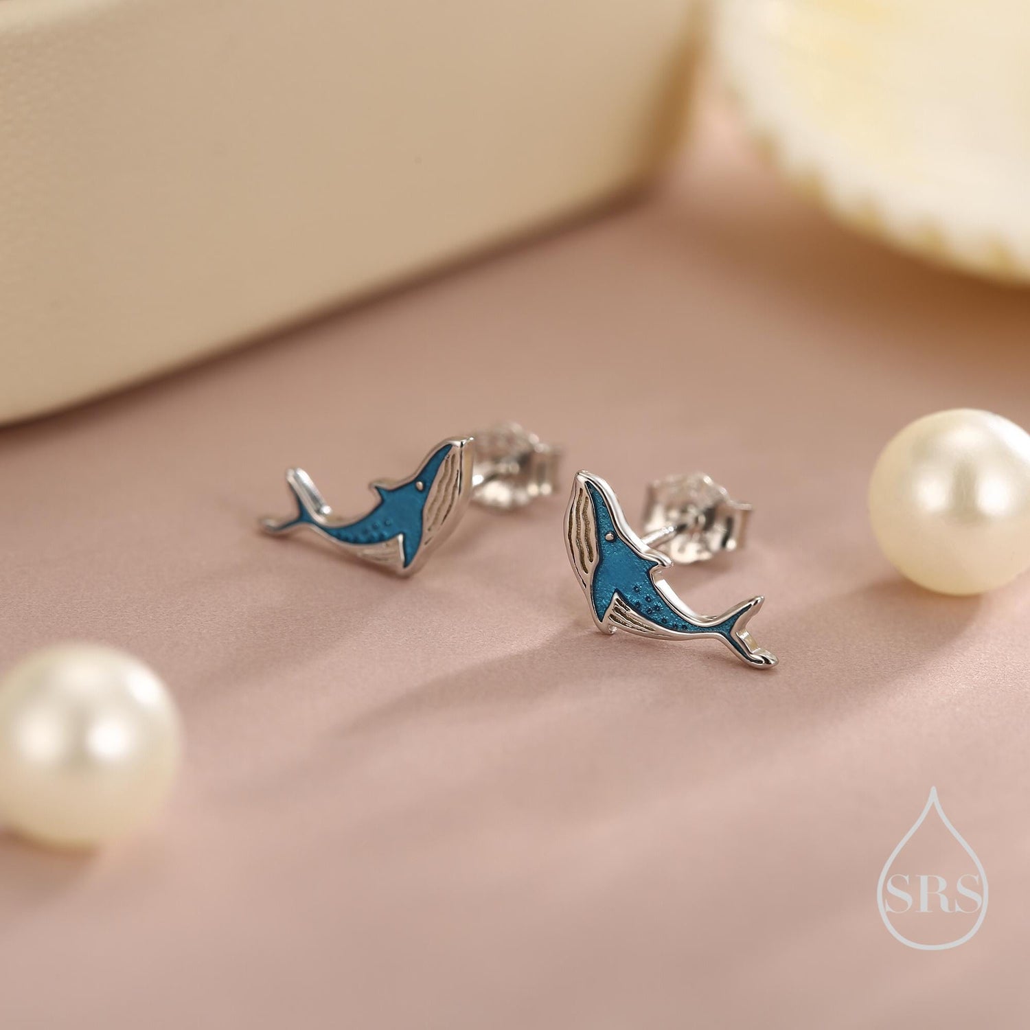 Very Tiny Blue Whale Stud Earrings in Sterling Silver with Hand Painted Enamel, Cute Whale Earrings