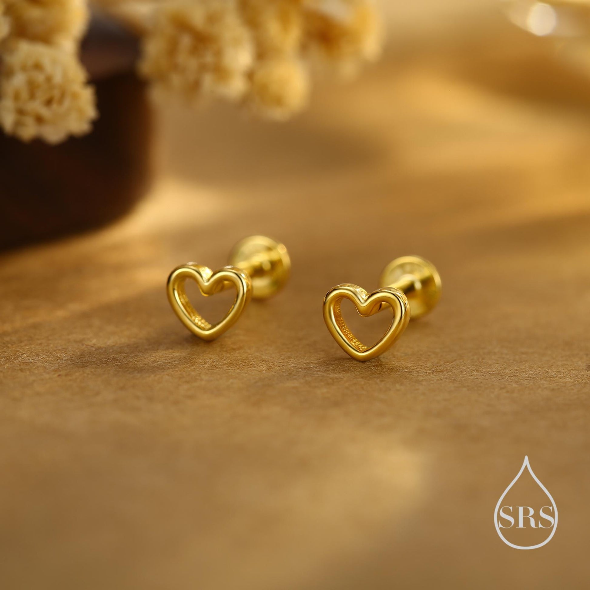 Tiny Open Heart Screw back Earrings in Sterling Silver, Silver, Gold or Rose Gold, Geometric Minimalist Design, Screwback, Sold as a Pair!