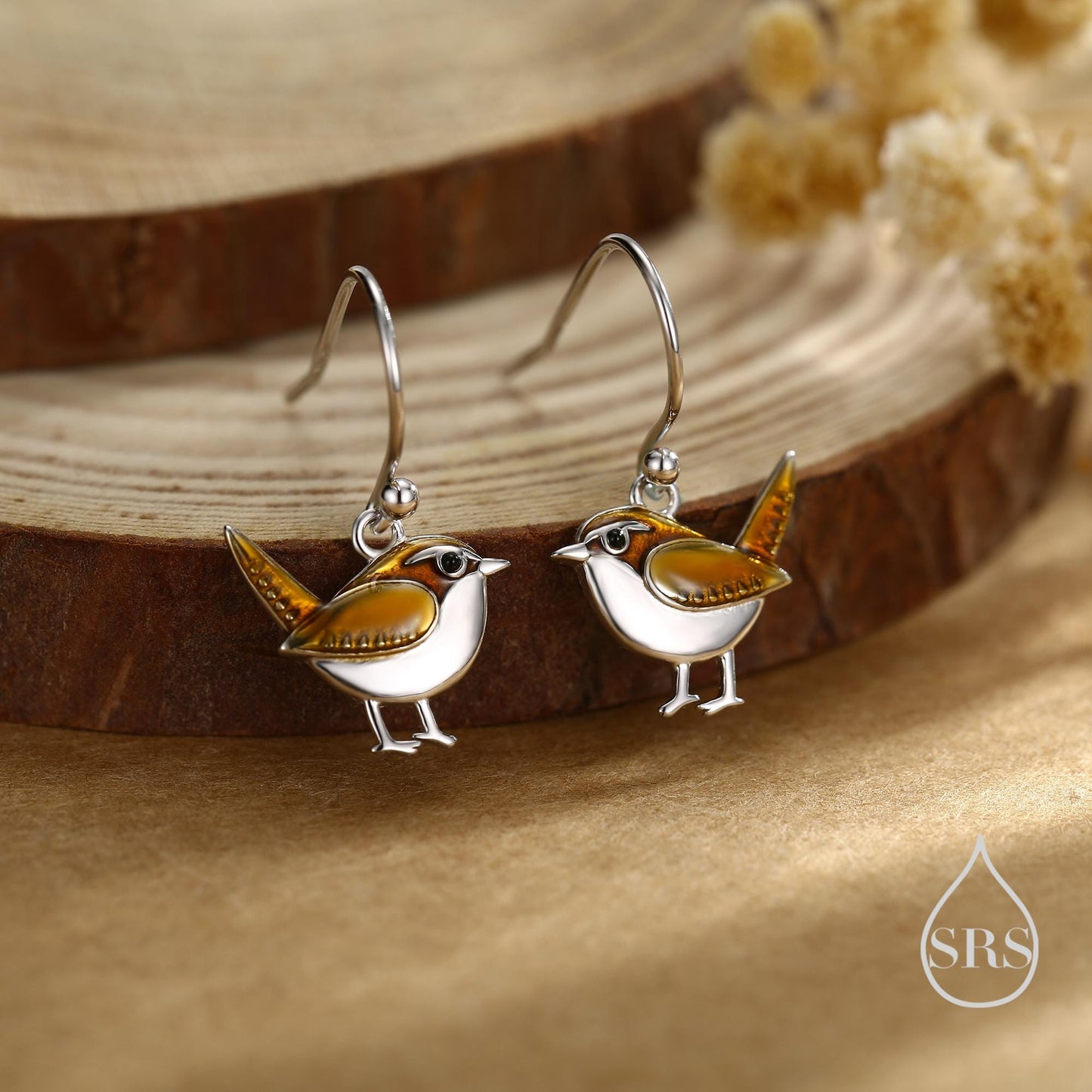 Sterling Silver Wren Bird Drop Hook Earrings Earrings, Silver Wren Earrings, Cute Sparrow Earrings