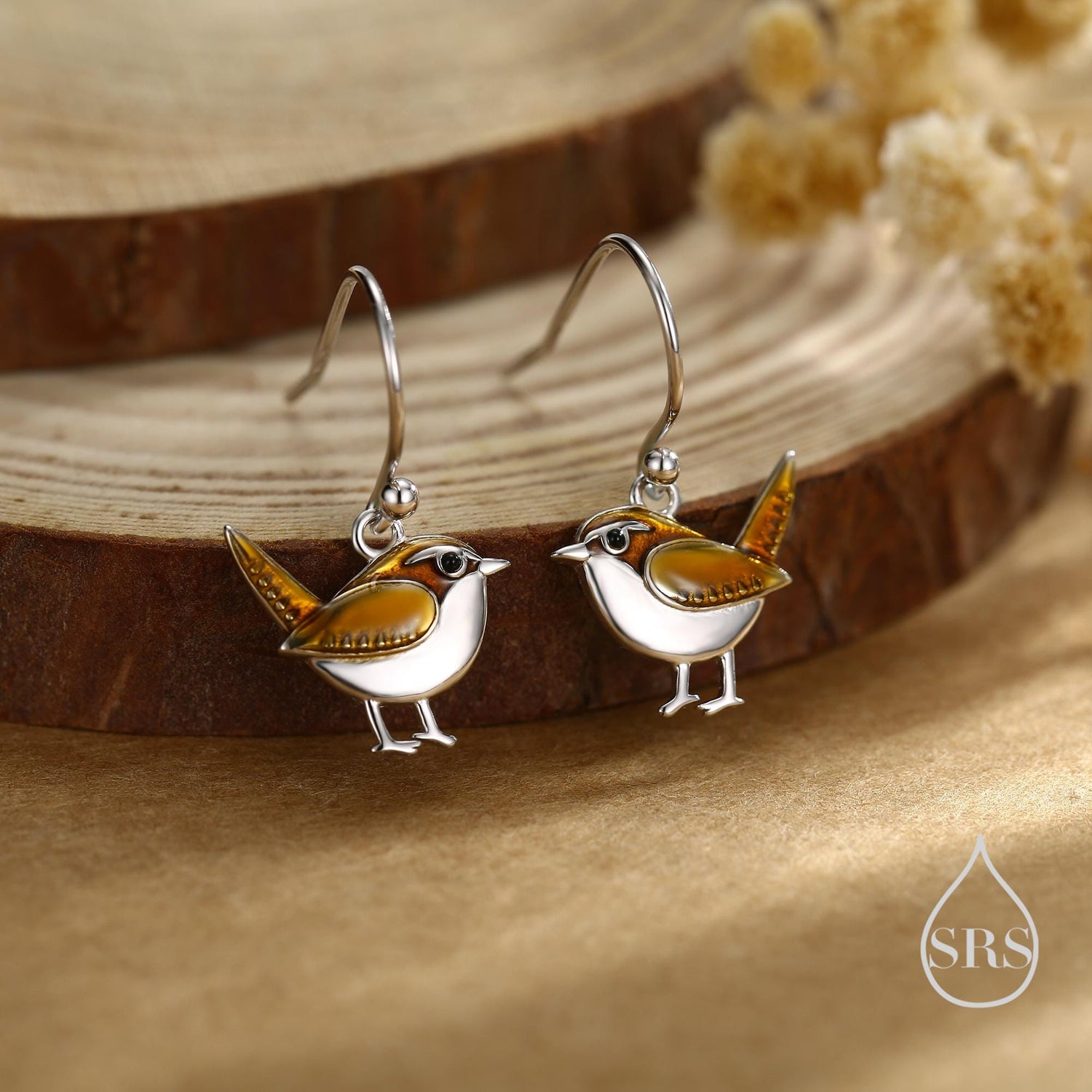 Sterling Silver Wren Bird Drop Hook Earrings Earrings, Silver Wren Earrings, Cute Sparrow Earrings
