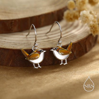 Sterling Silver Wren Bird Drop Hook Earrings Earrings, Silver Wren Earrings, Cute Sparrow Earrings